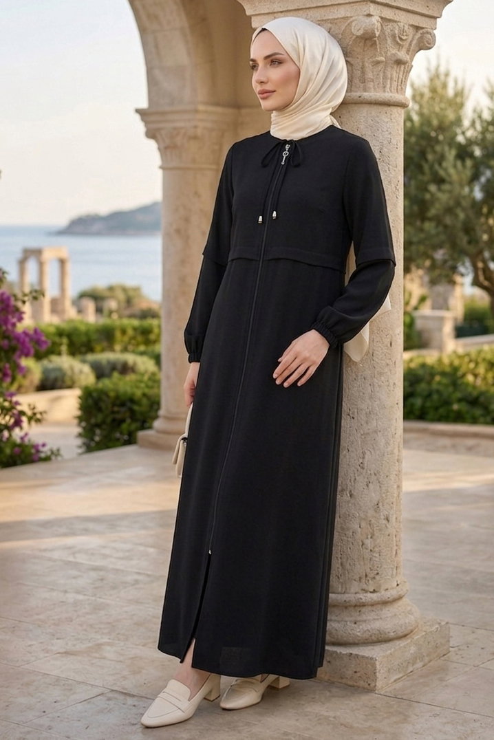 Fermuarlı Sofia Keten Ferace Siyah - 2125-SIYAH - 1