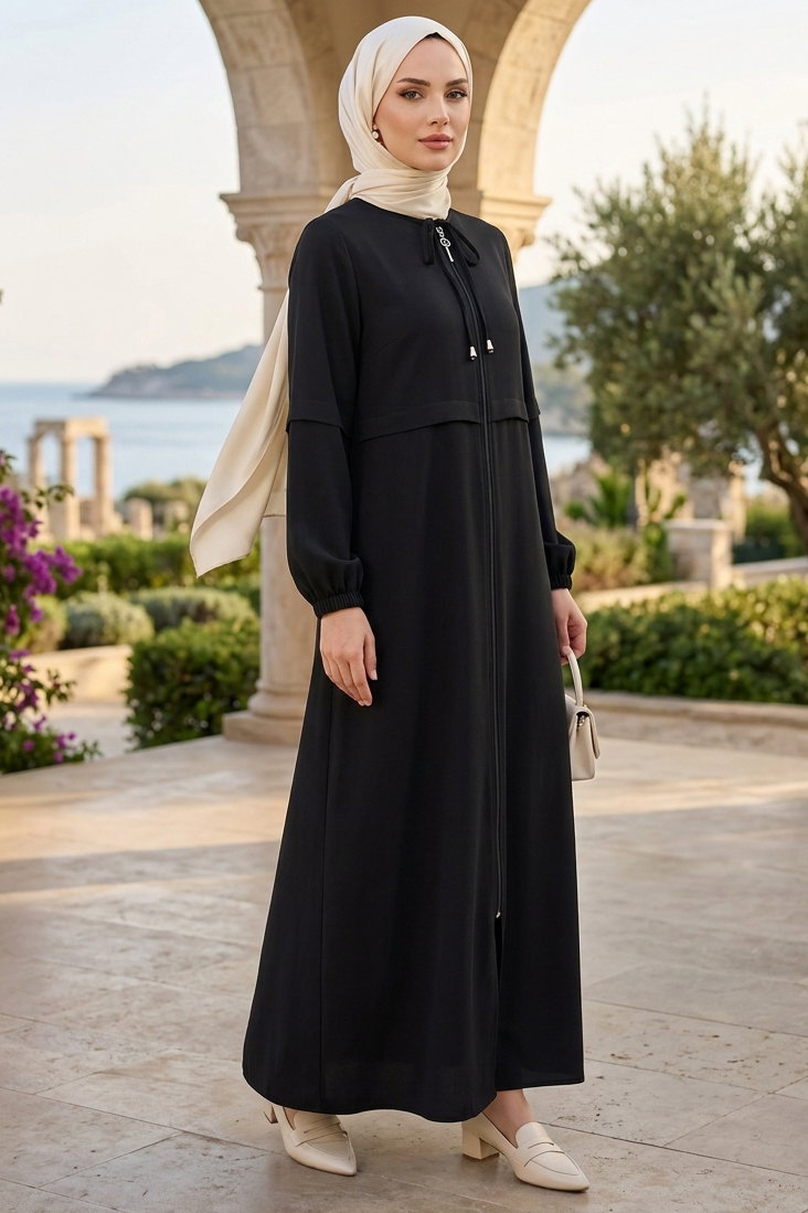 Fermuarlı Sofia Keten Ferace Siyah - 2125-SIYAH - 2