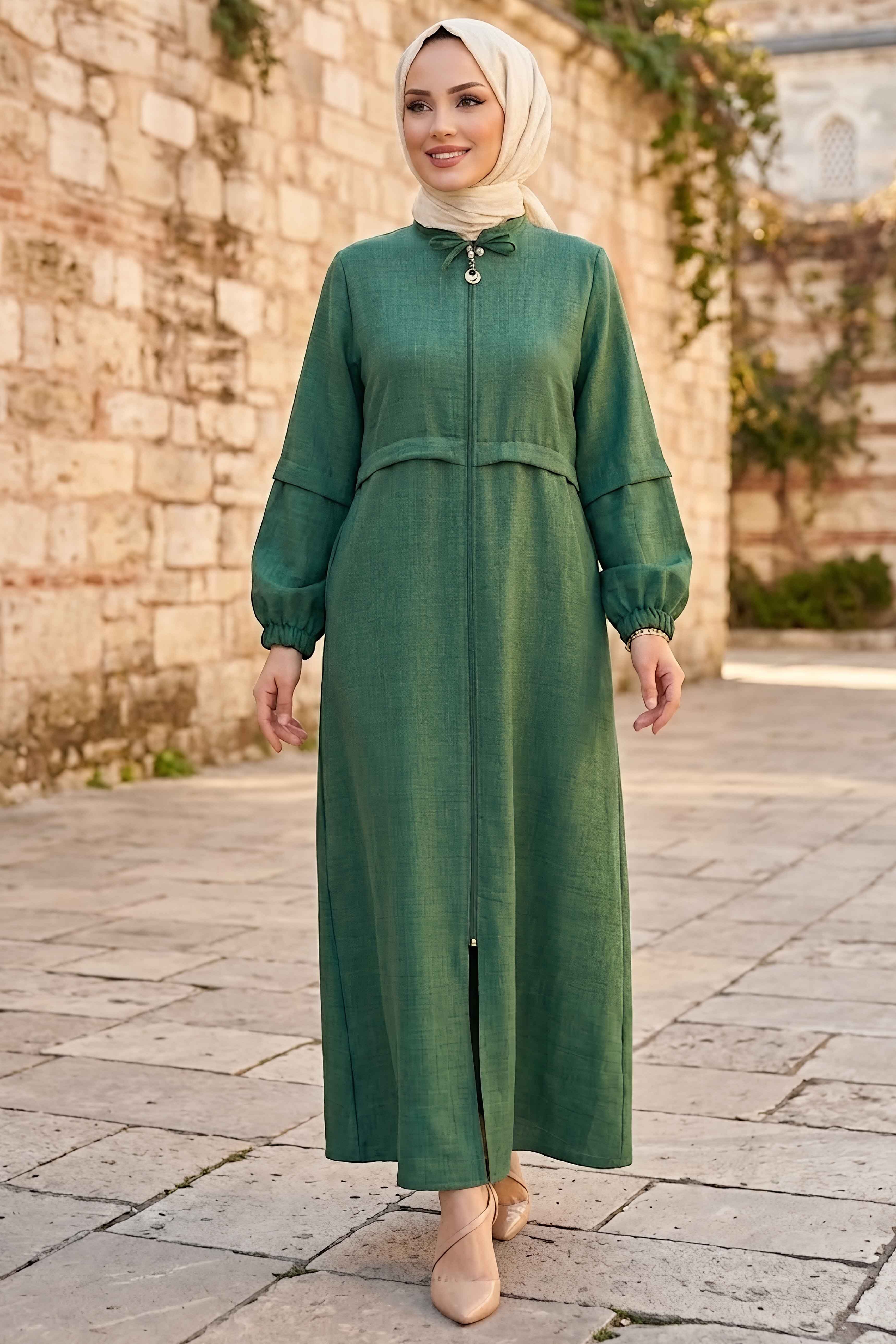 Fermuarlı Sofia Keten Ferace Zümrüt - 2125-ZUMRUT - 1