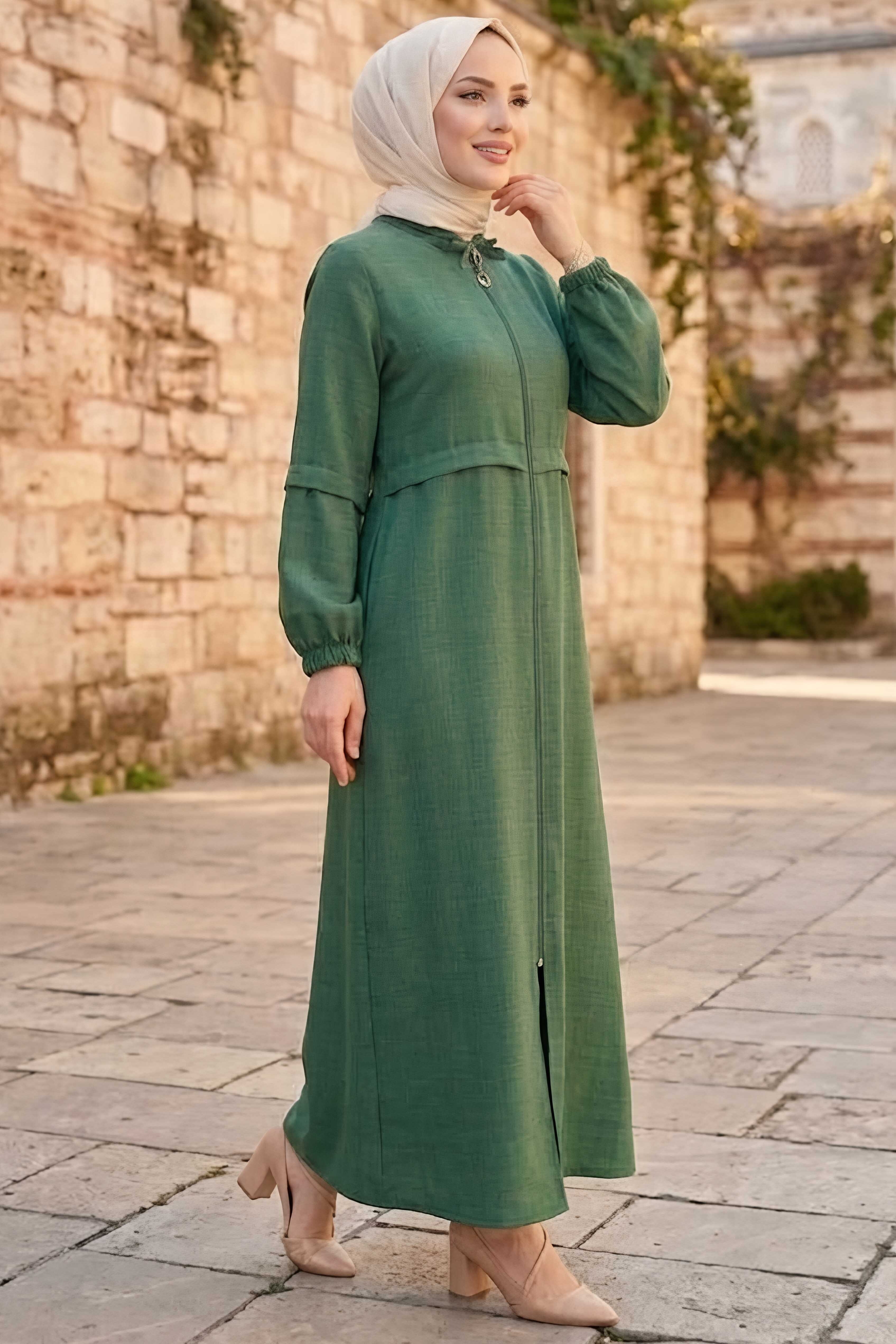 Fermuarlı Sofia Keten Ferace Zümrüt - 2125-ZUMRUT - 2