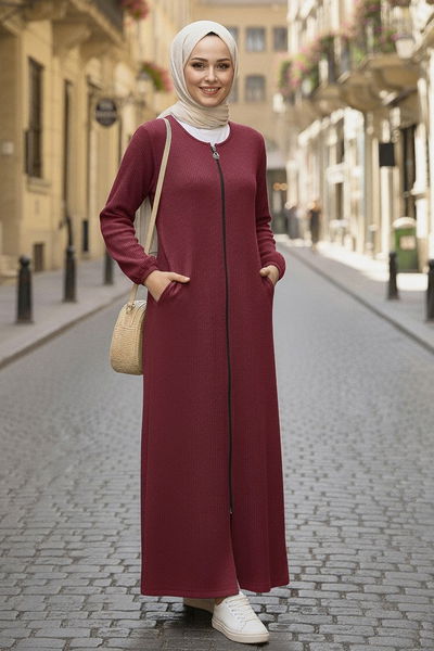 Fermuarlı Triko Ferace - 27989-BORDO 