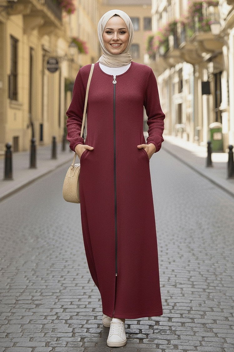 Fermuarlı Triko Ferace - 27989-BORDO - 2