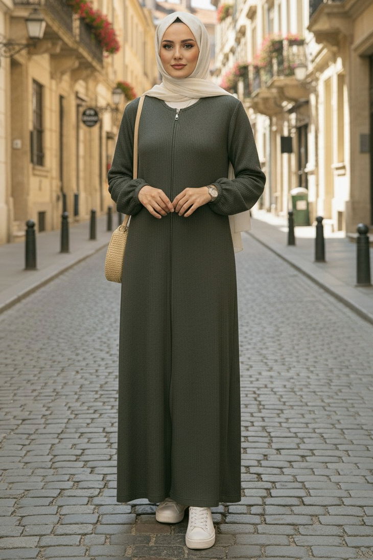 Fermuarlı Triko Ferace - 27989-HAKI - 1