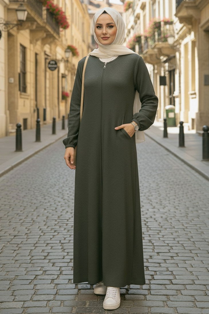 Fermuarlı Triko Ferace - 27989-HAKI - 2