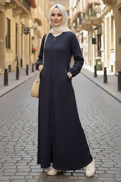 Fermuarlı Triko Ferace - 27989-LACIVERT 