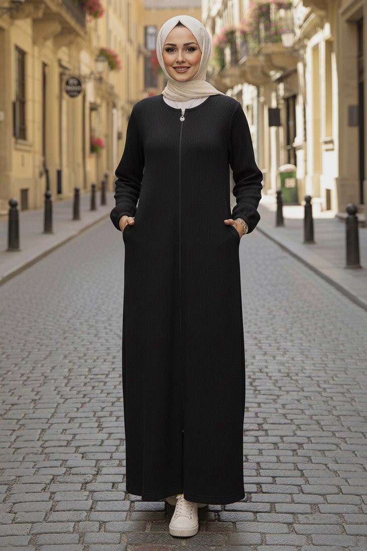 Fermuarlı Triko Ferace - 27989-SIYAH - 1