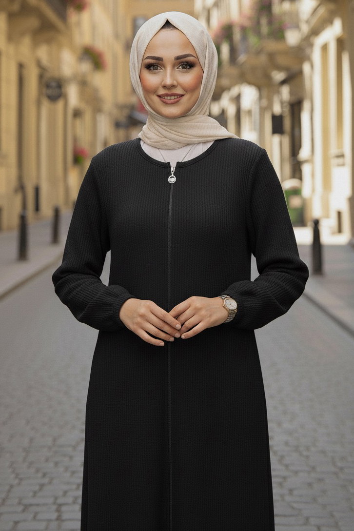 Fermuarlı Triko Ferace - 27989-SIYAH - 2