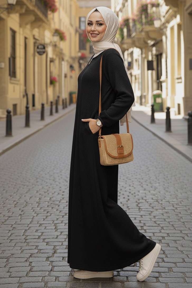 Fermuarlı Triko Ferace - 27989-SIYAH - 3