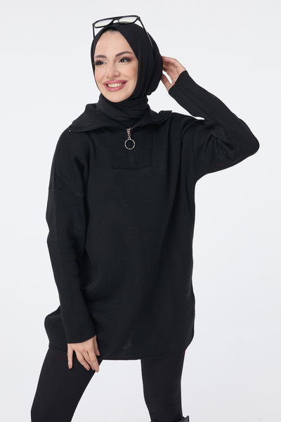 Fermuarlı Triko Uzun Kazak - 27627 