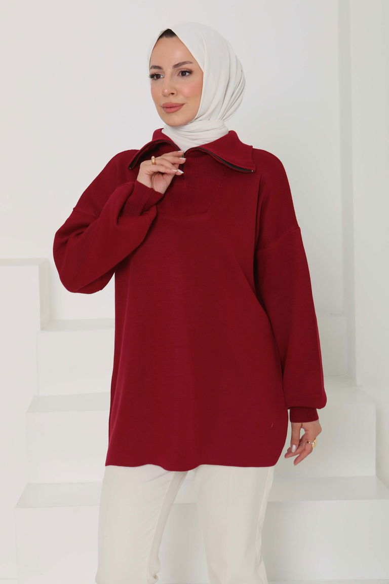 Fermuarlı Triko Uzun Kazak - 27627 - TOFİSA