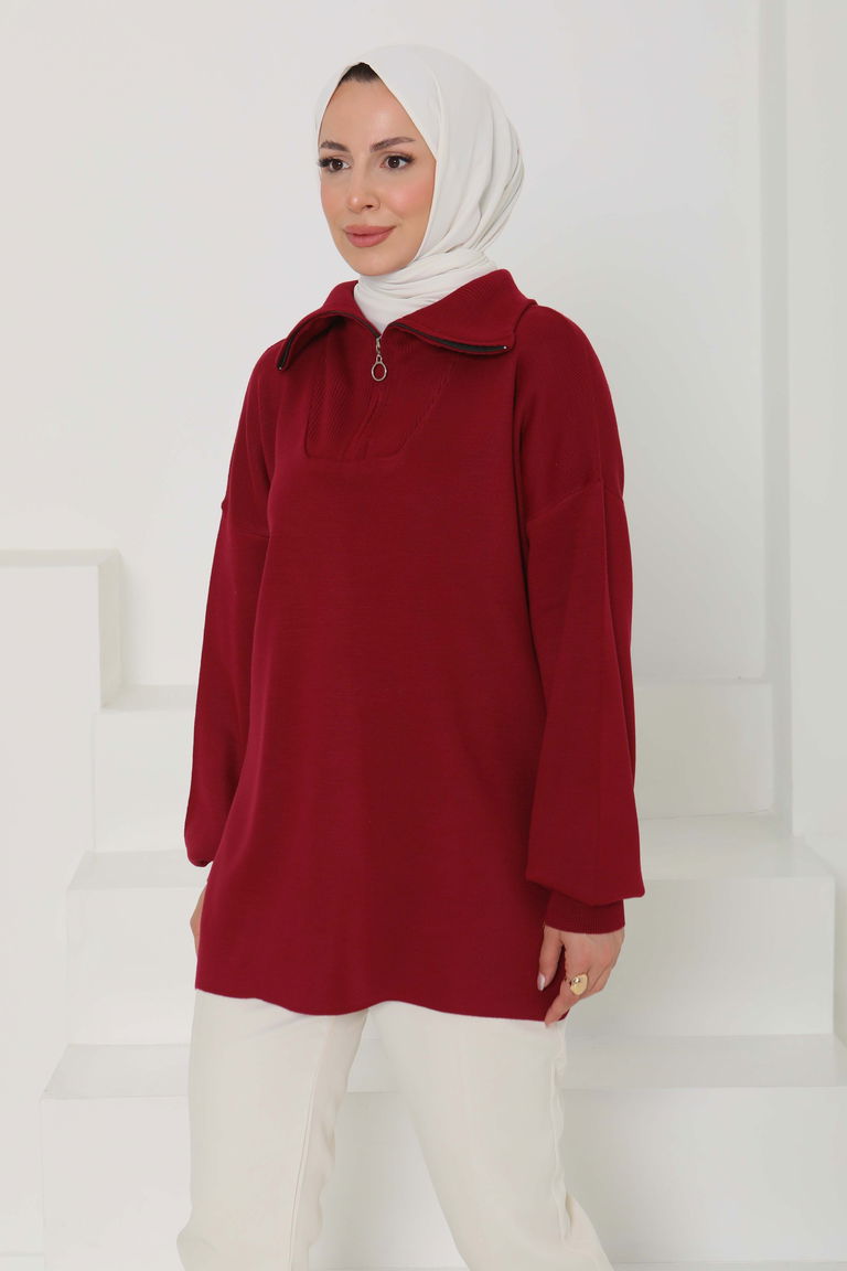 Fermuarlı Triko Uzun Kazak - 27627 - TOFİSA