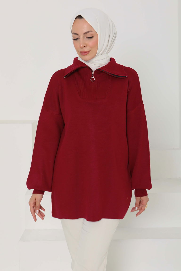 Fermuarlı Triko Uzun Kazak - 27627 - TOFİSA