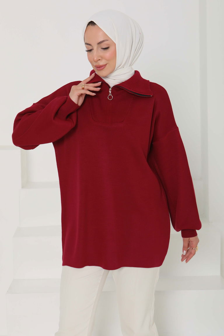 Fermuarlı Triko Uzun Kazak - 27627 - TOFİSA