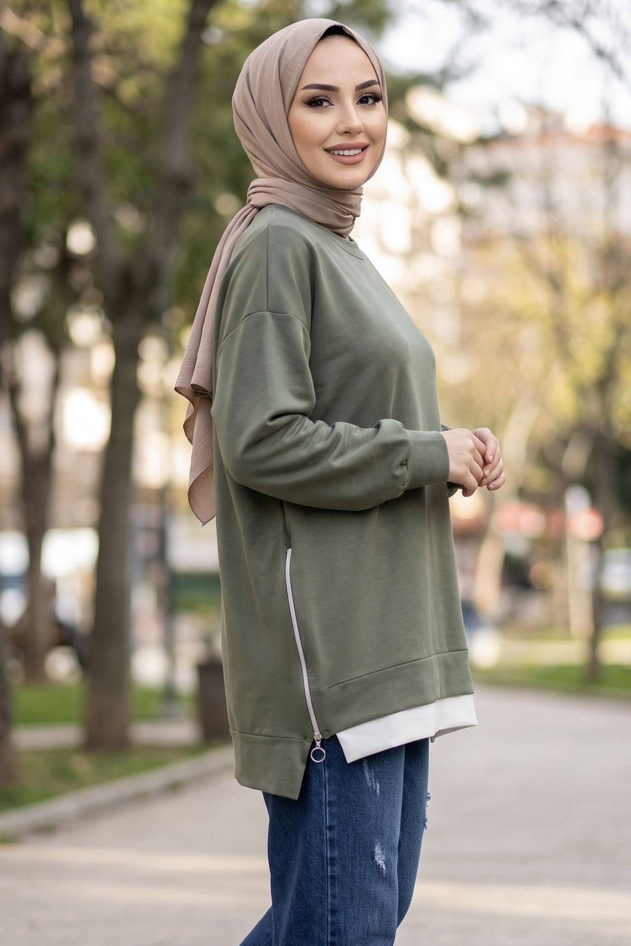 Fermuarlı Ve Garnili Modal Tunik Haki - 29299-HAKI - 1