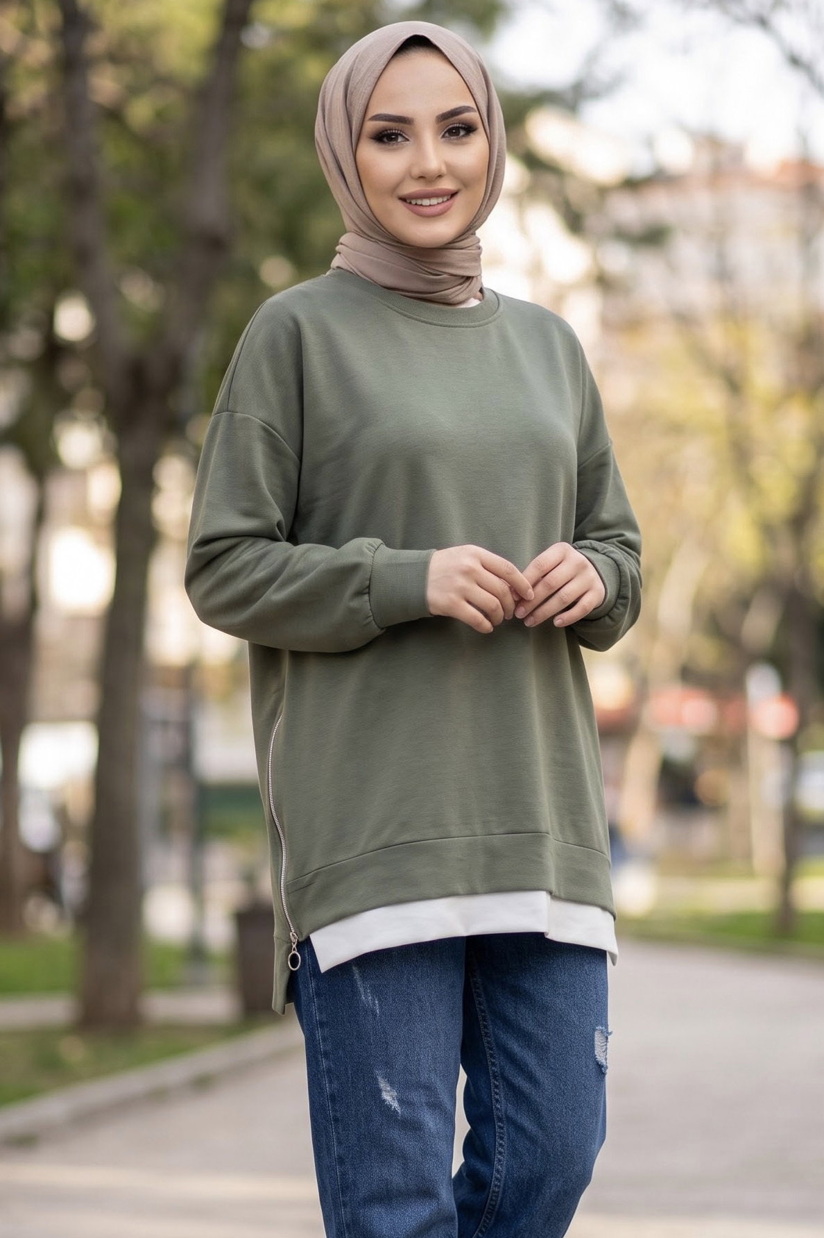Fermuarlı Ve Garnili Modal Tunik Haki - 29299-HAKI - 2