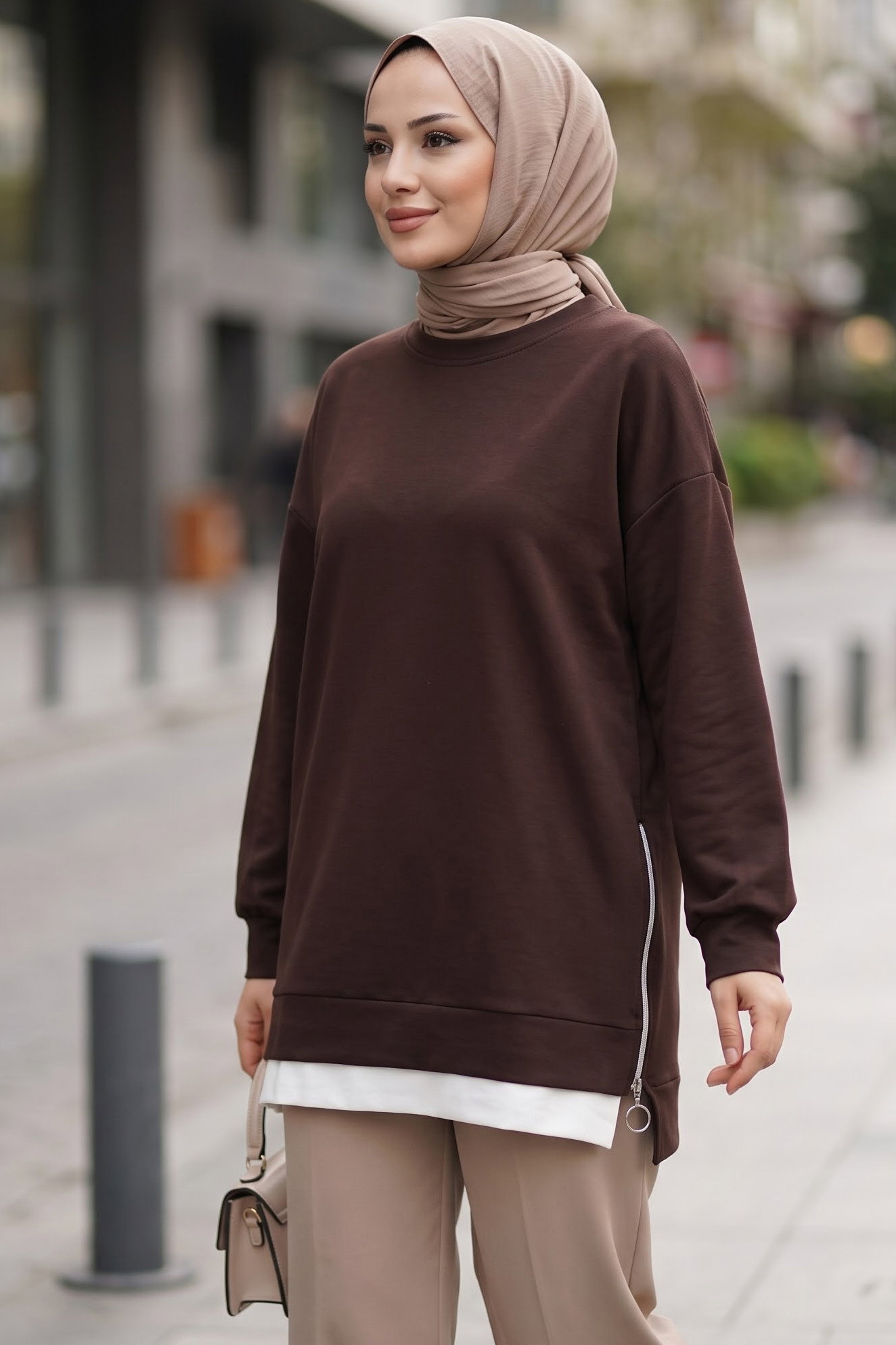 Fermuarlı Ve Garnili Modal Tunik Kahve - 29299-KAHVE - 1