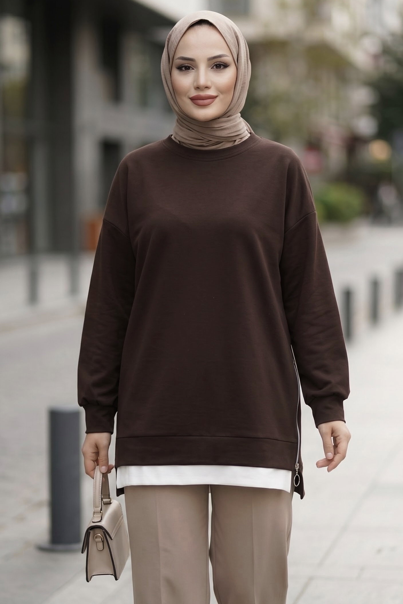 Fermuarlı Ve Garnili Modal Tunik Kahve - 29299-KAHVE - 2