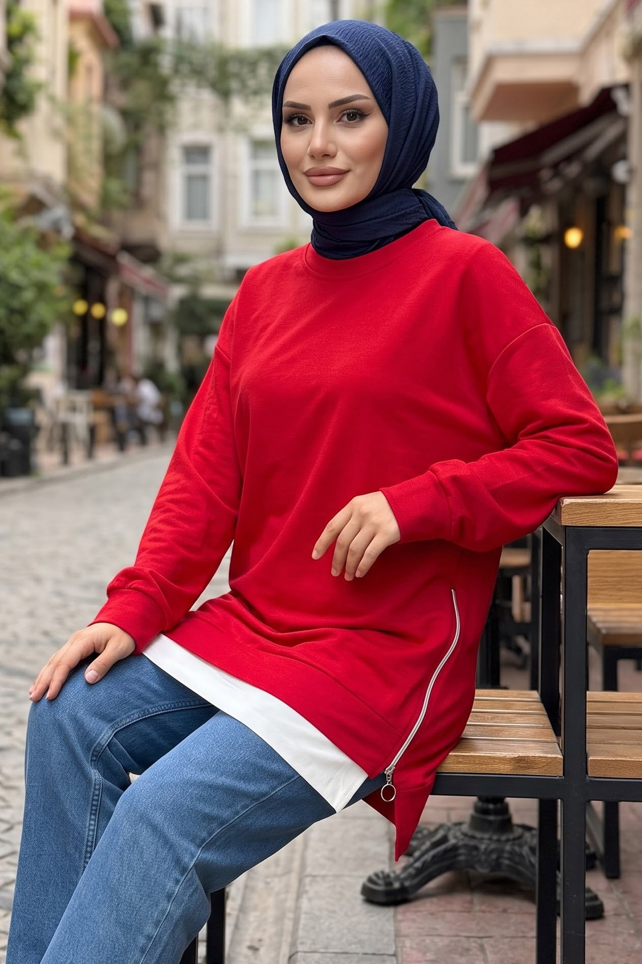 Fermuarlı Ve Garnili Modal Tunik Kirmizi - 29299-KIRMIZI - 1