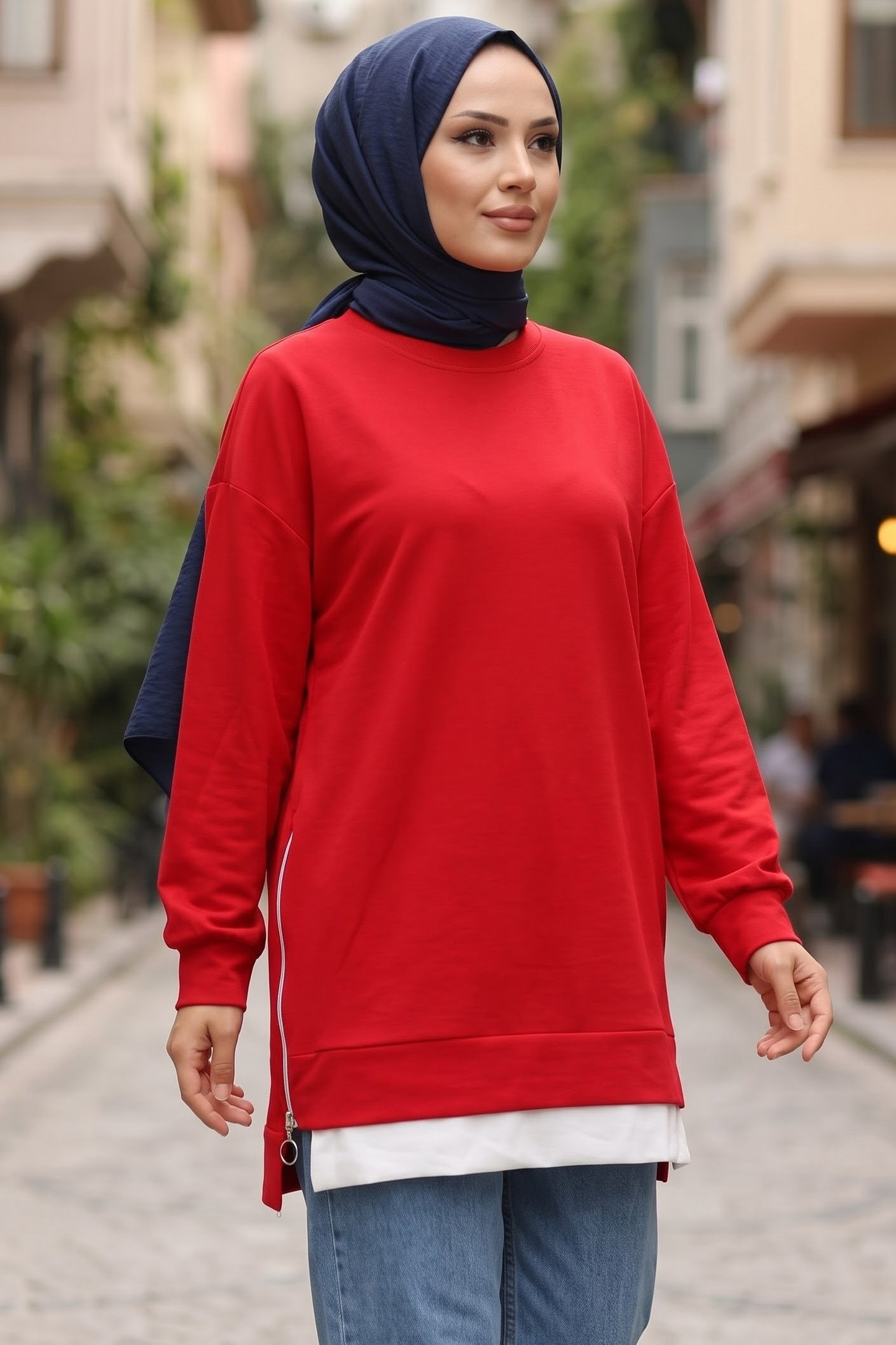 Fermuarlı Ve Garnili Modal Tunik Kirmizi - 29299-KIRMIZI - 2
