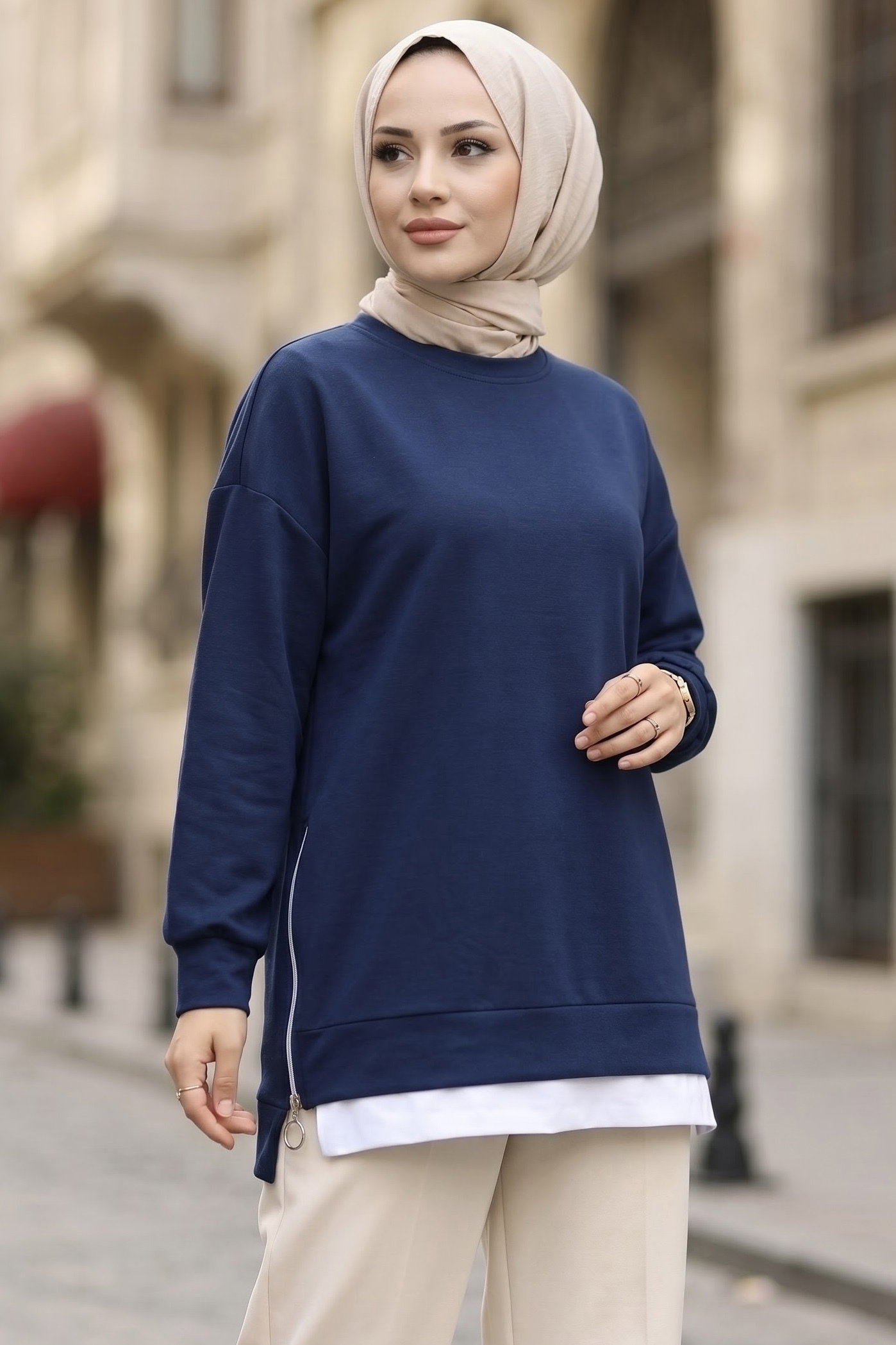 Fermuarlı Ve Garnili Modal Tunik Lacivert - 29299-LACIVERT - 2