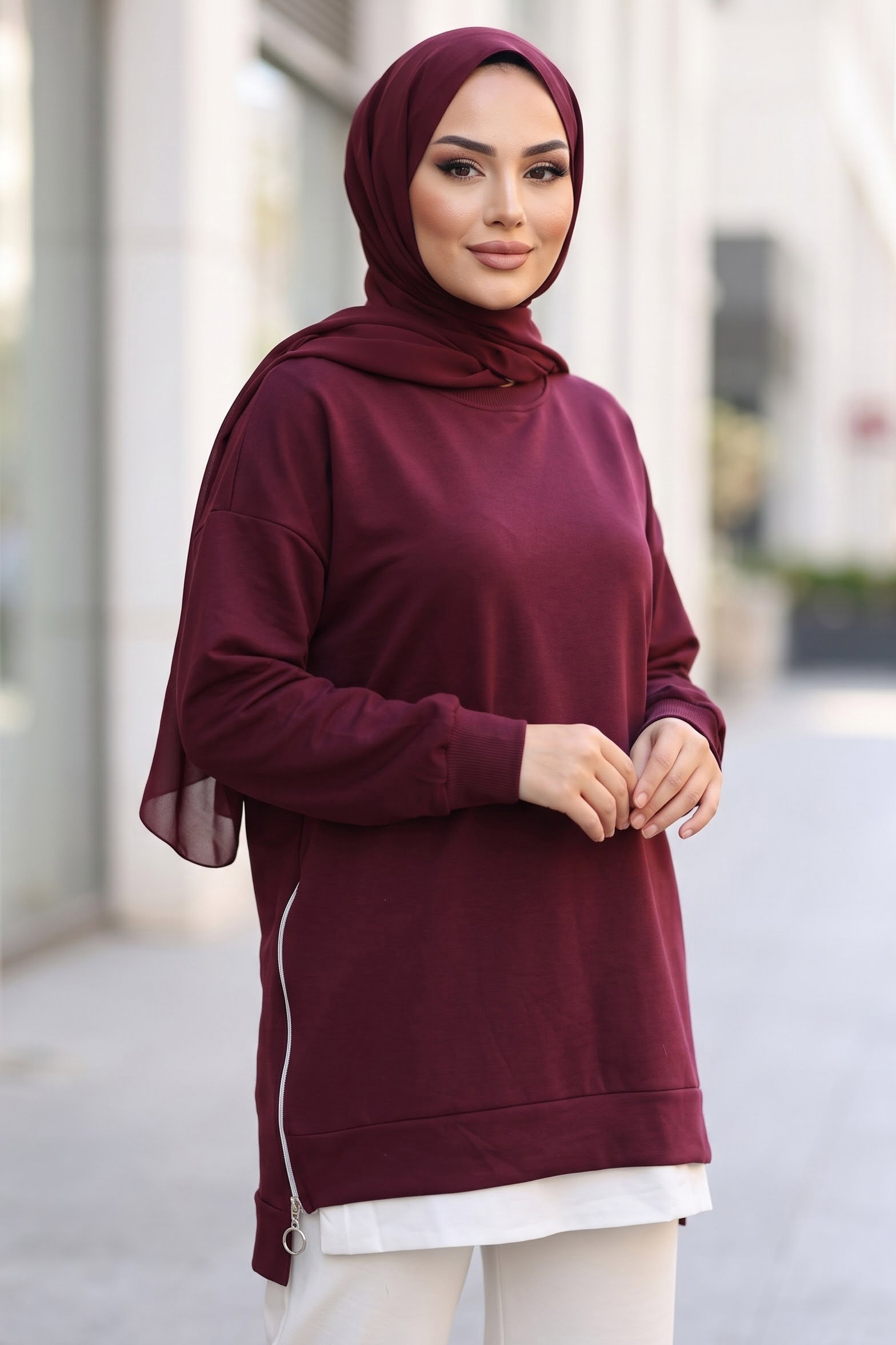 Fermuarlı Ve Garnili Modal Tunik Mürdüm - 29299-MURDUM - 1