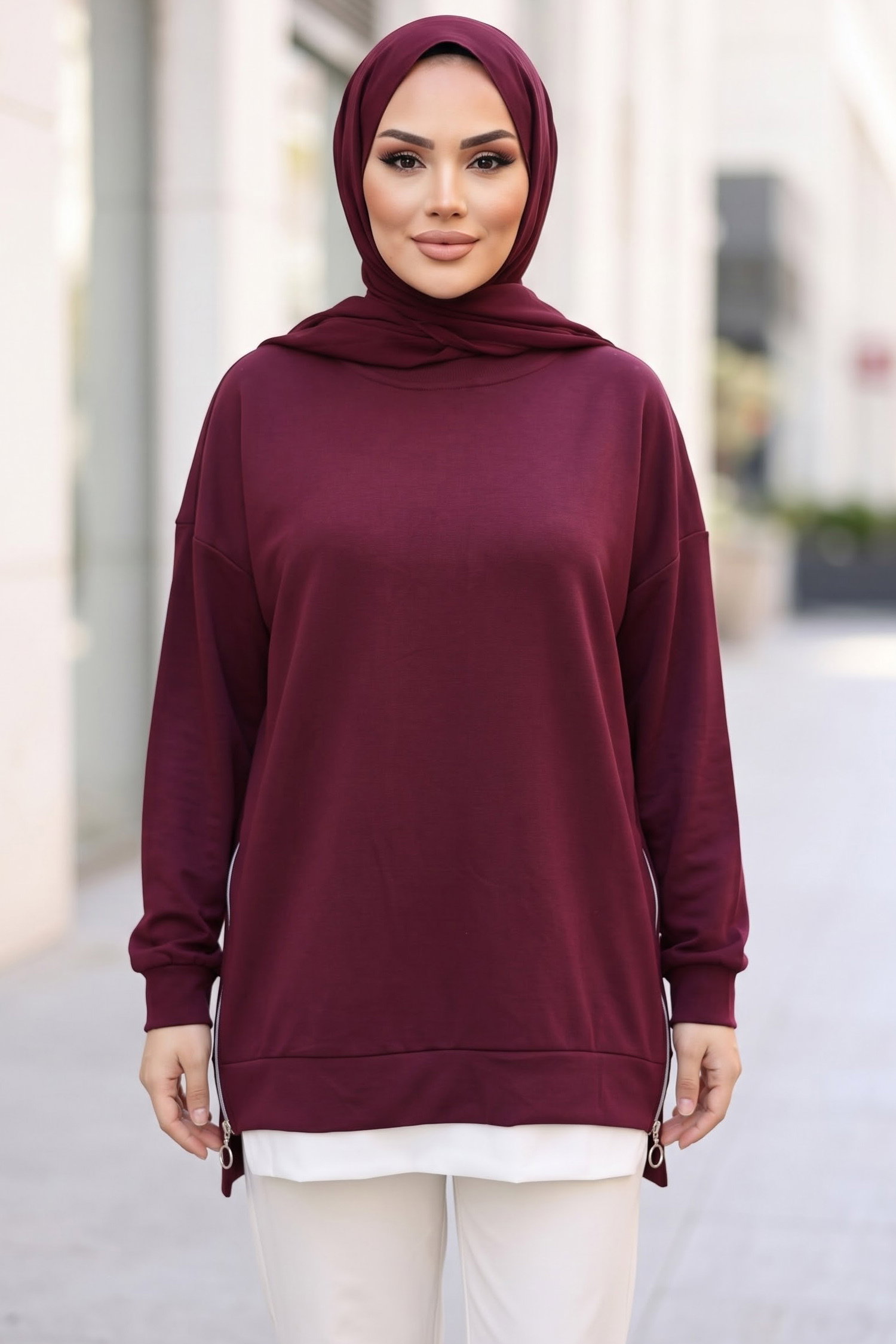 Fermuarlı Ve Garnili Modal Tunik Mürdüm - 29299-MURDUM - 2