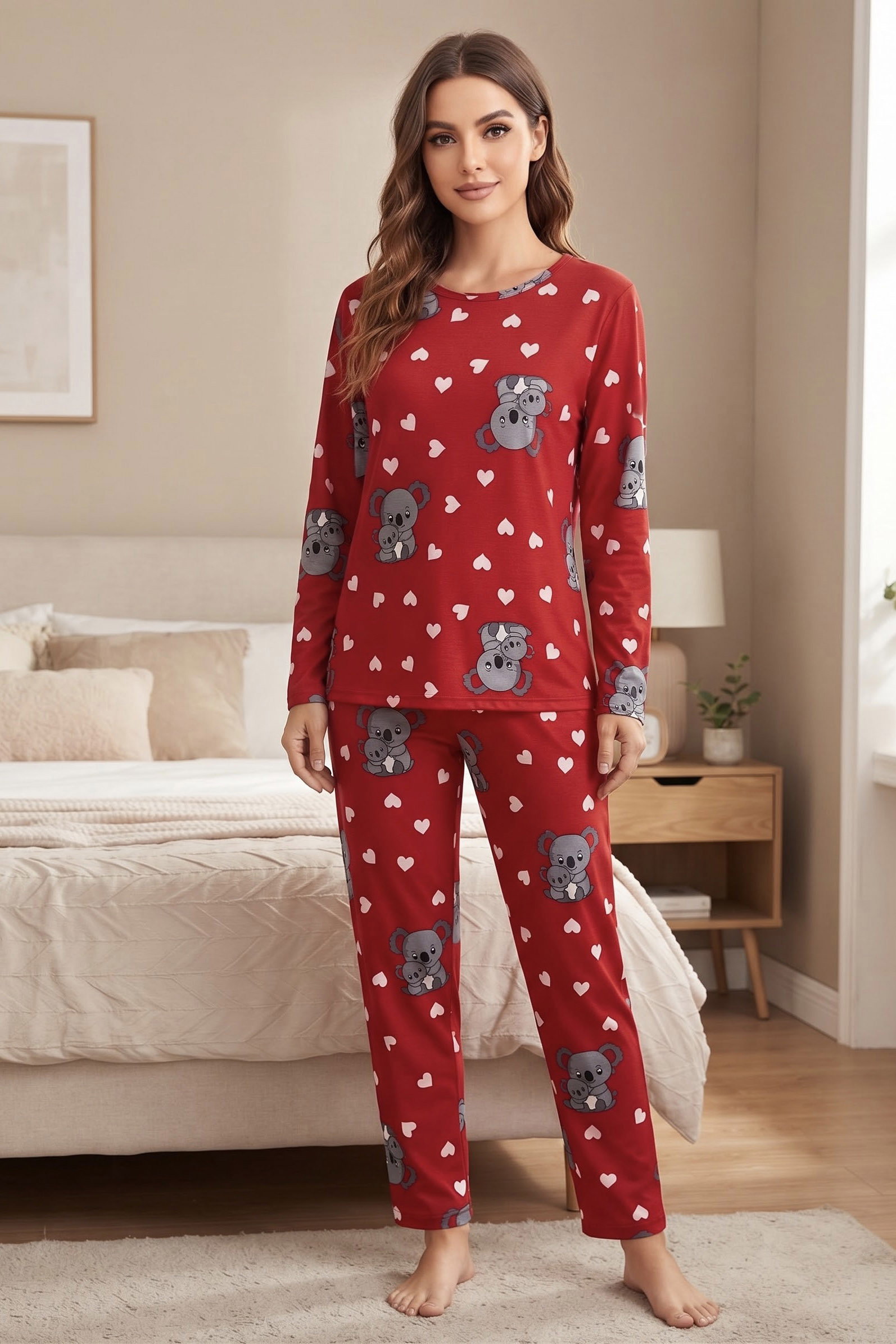 Figür Baskılı Süet Pijama Takımı Kirmizi - 40502-KIRMIZI - 1