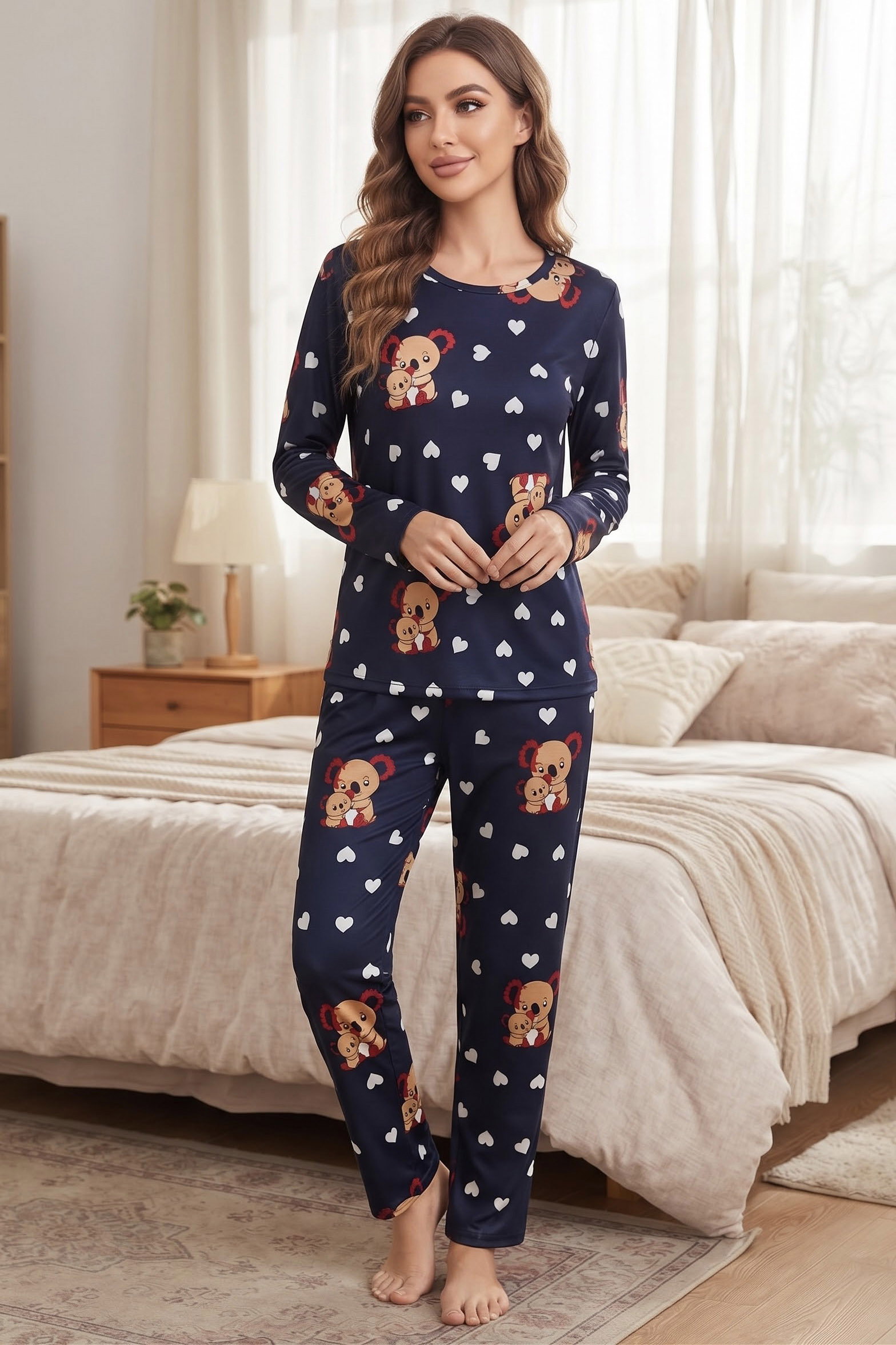 Figür Baskılı Süet Pijama Takımı Lacivert - 40502-LACIVERT - 1