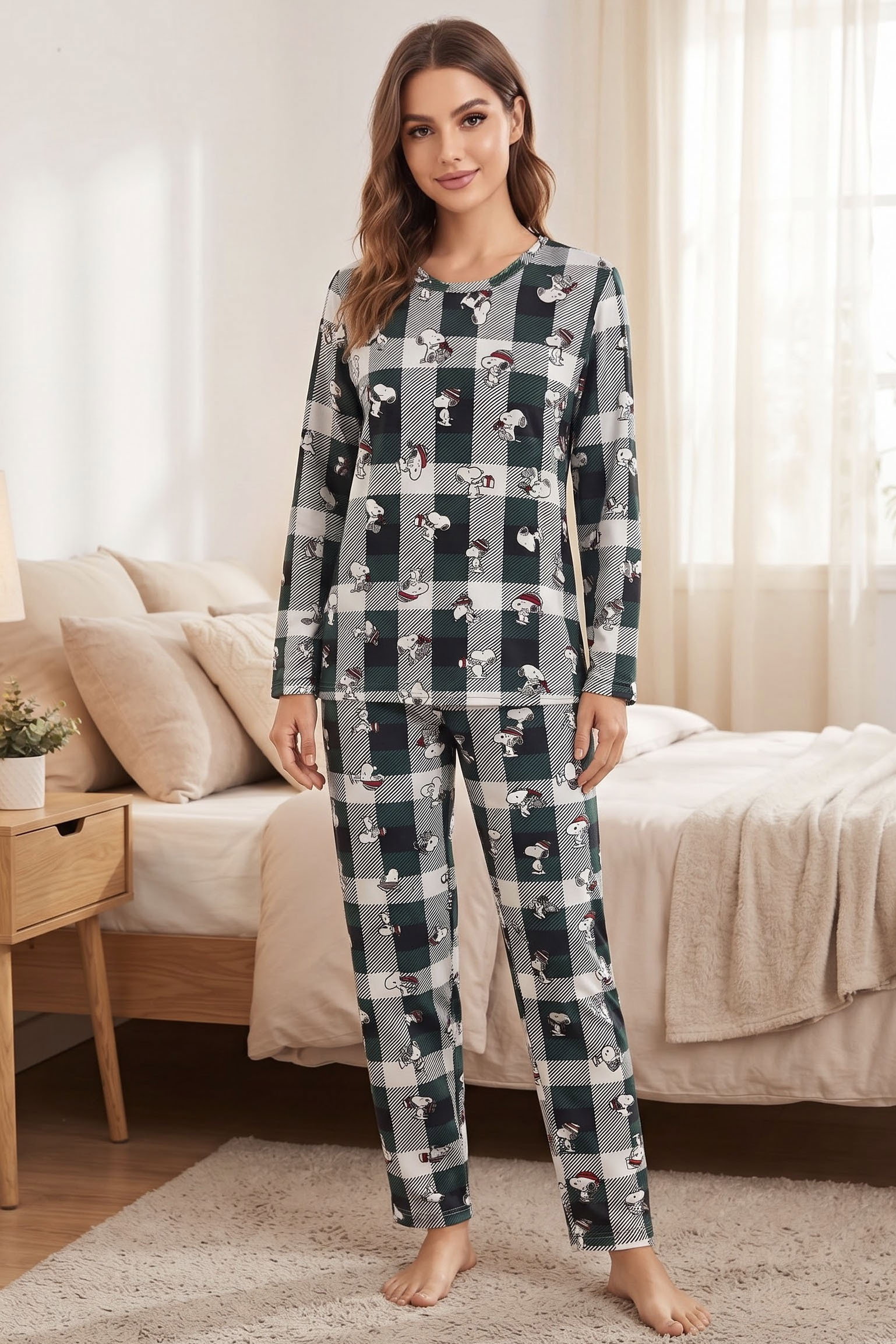 Figür Baskılı Süet Pijama Takımı Zümrüt - 40500-ZUMRUT - 1