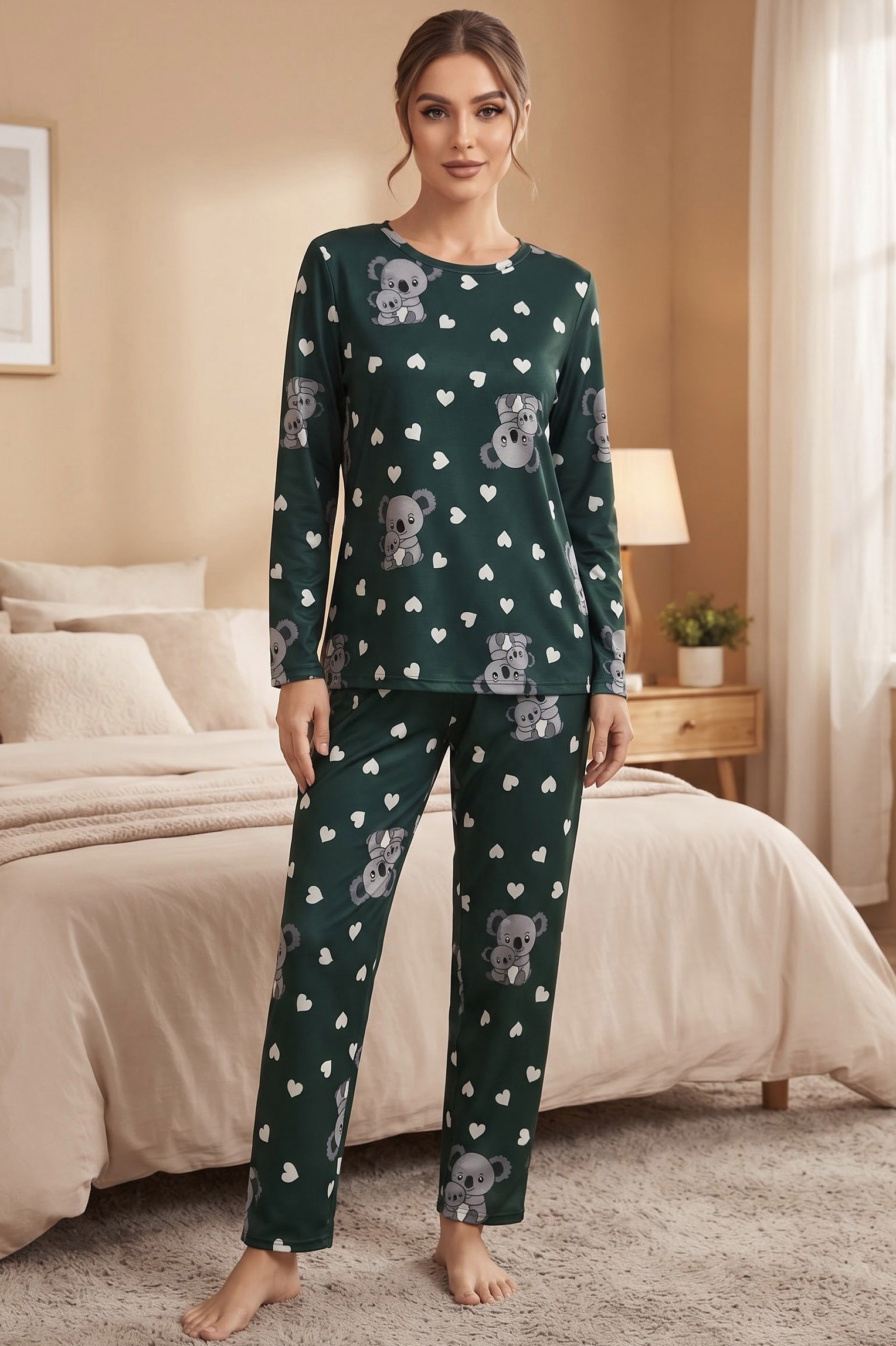 Figür Baskılı Süet Pijama Takımı Zümrüt - 40502-ZUMRUT - 1
