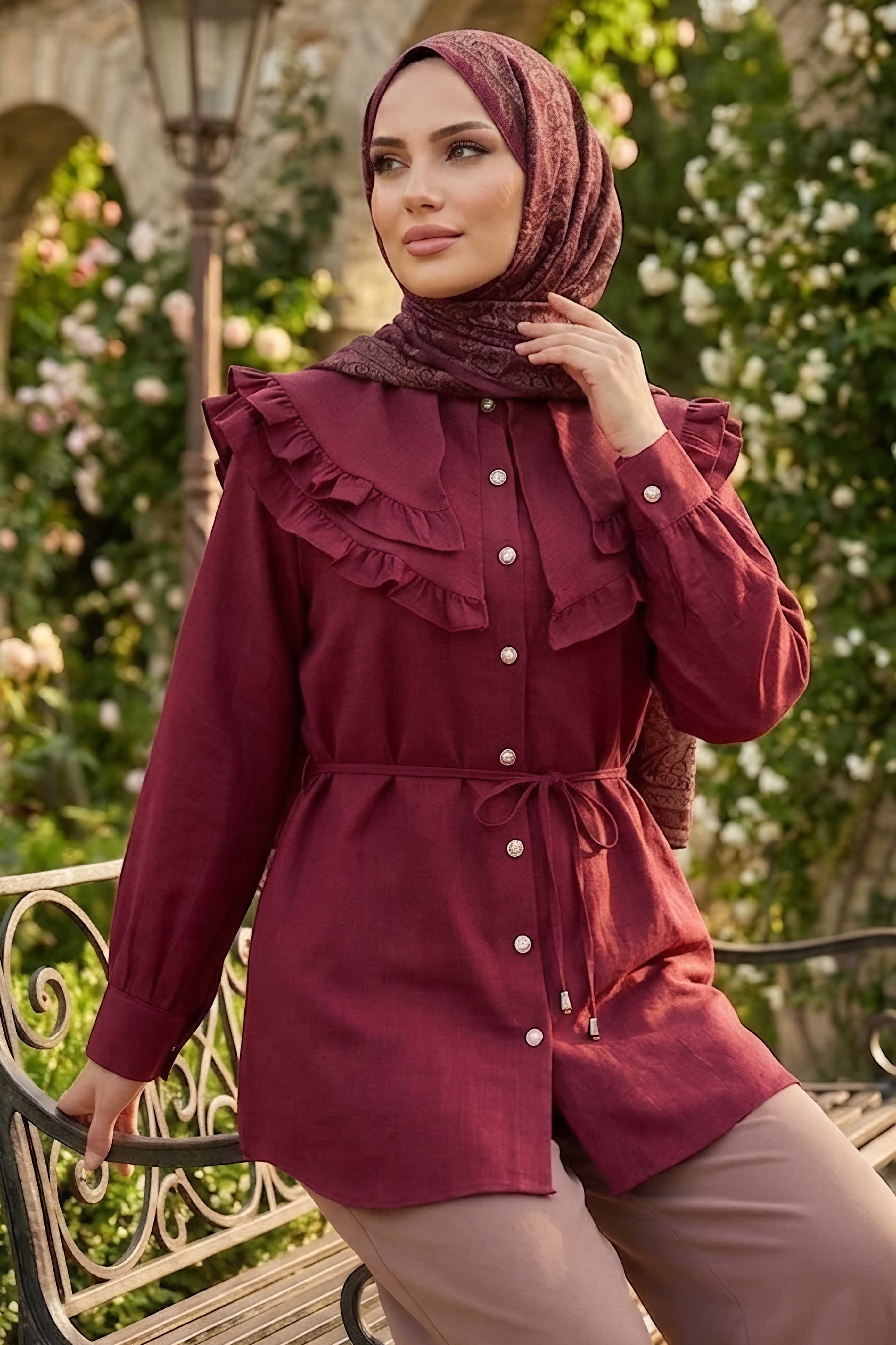 Fırfır Detaylı Bağcıklı Tunik Bordo - 28631-BORDO - 1