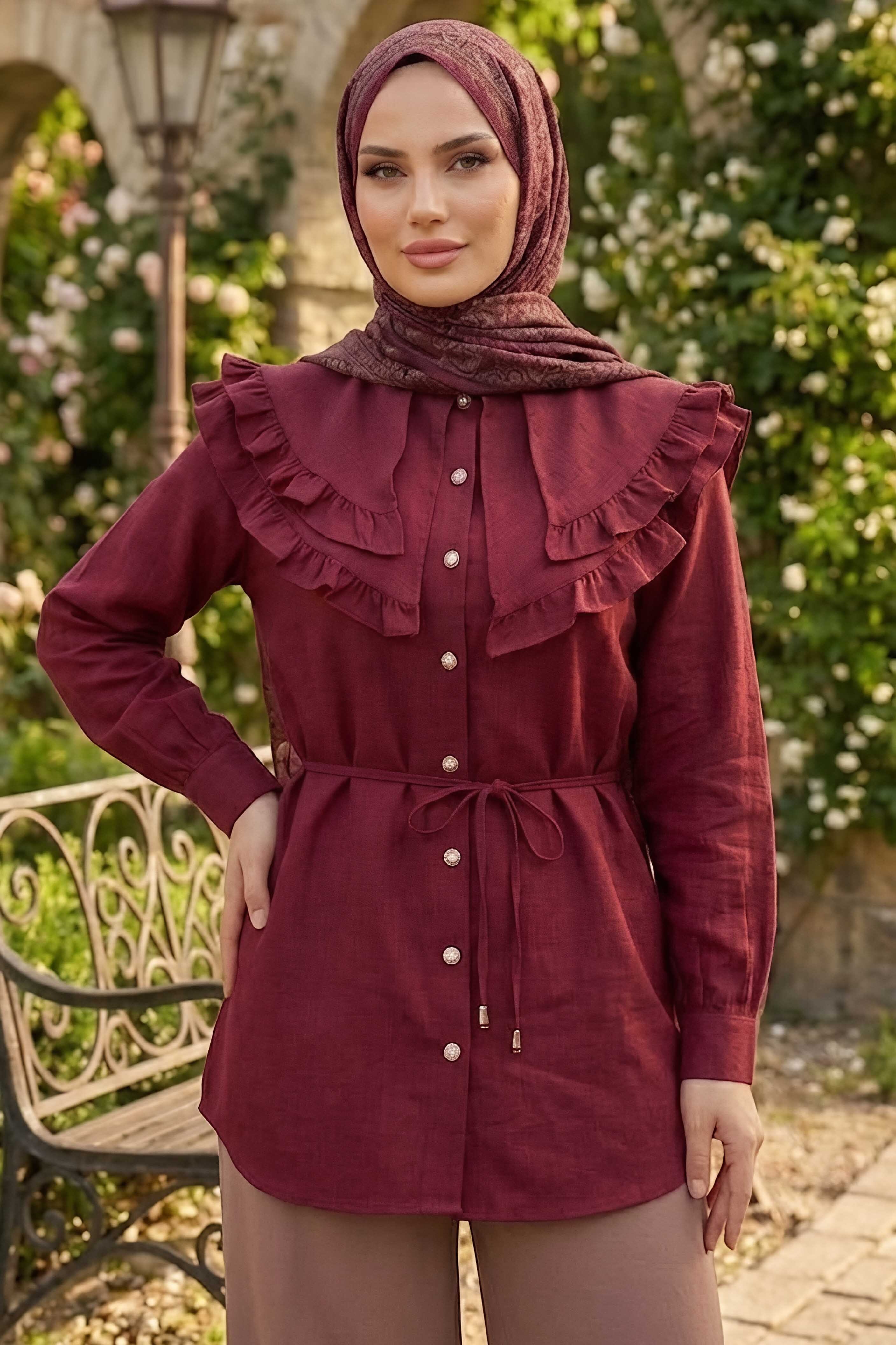 Fırfır Detaylı Bağcıklı Tunik Bordo - 28631-BORDO - 2