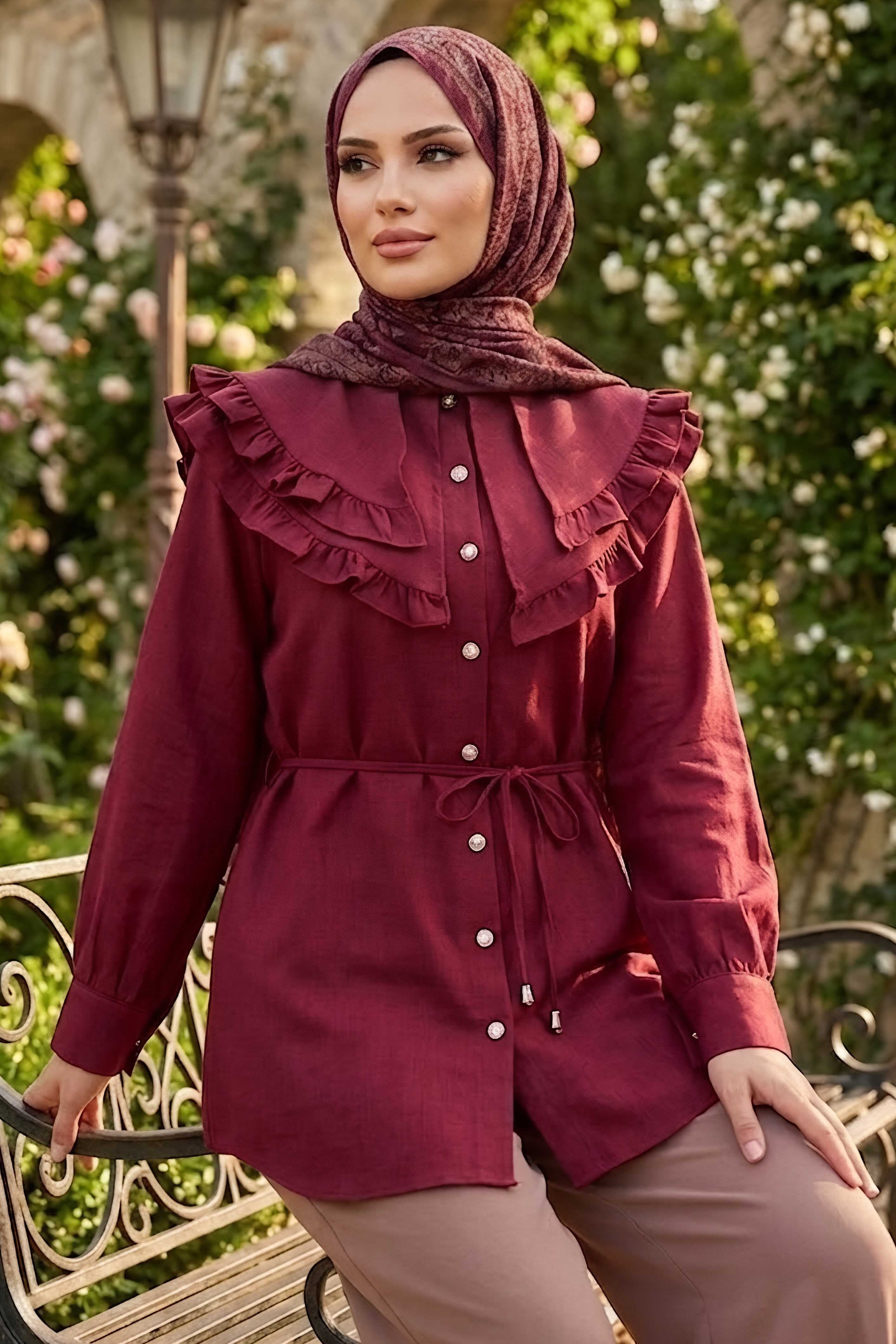 Fırfır Detaylı Bağcıklı Tunik Bordo - 28631-BORDO - 3