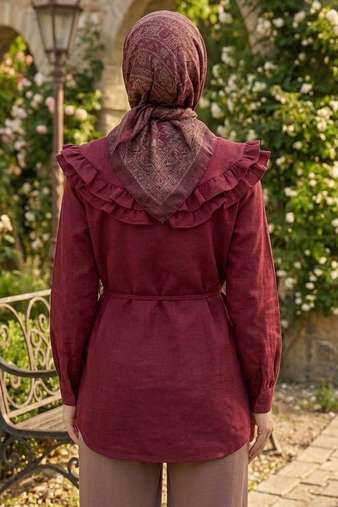 Fırfır Detaylı Bağcıklı Tunik Bordo - 28631-BORDO - 4