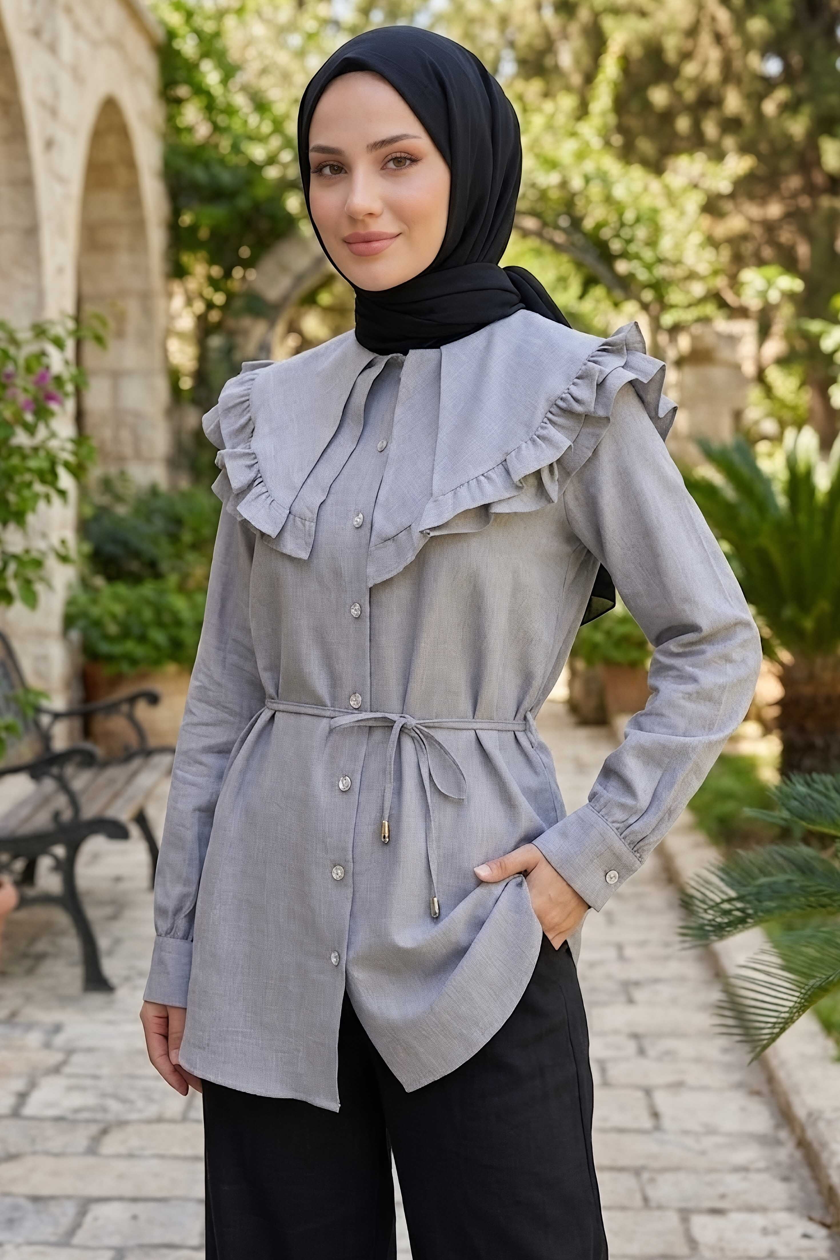 Fırfır Detaylı Bağcıklı Tunik Gri - 28631-GRI - 2