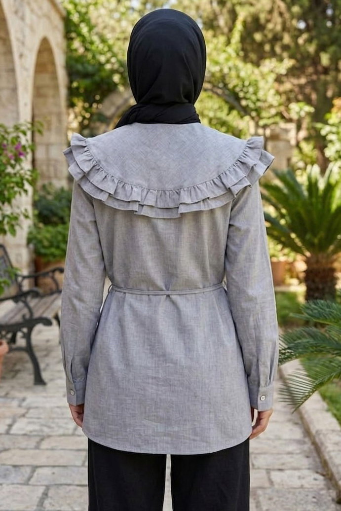 Fırfır Detaylı Bağcıklı Tunik Gri - 28631-GRI - 3