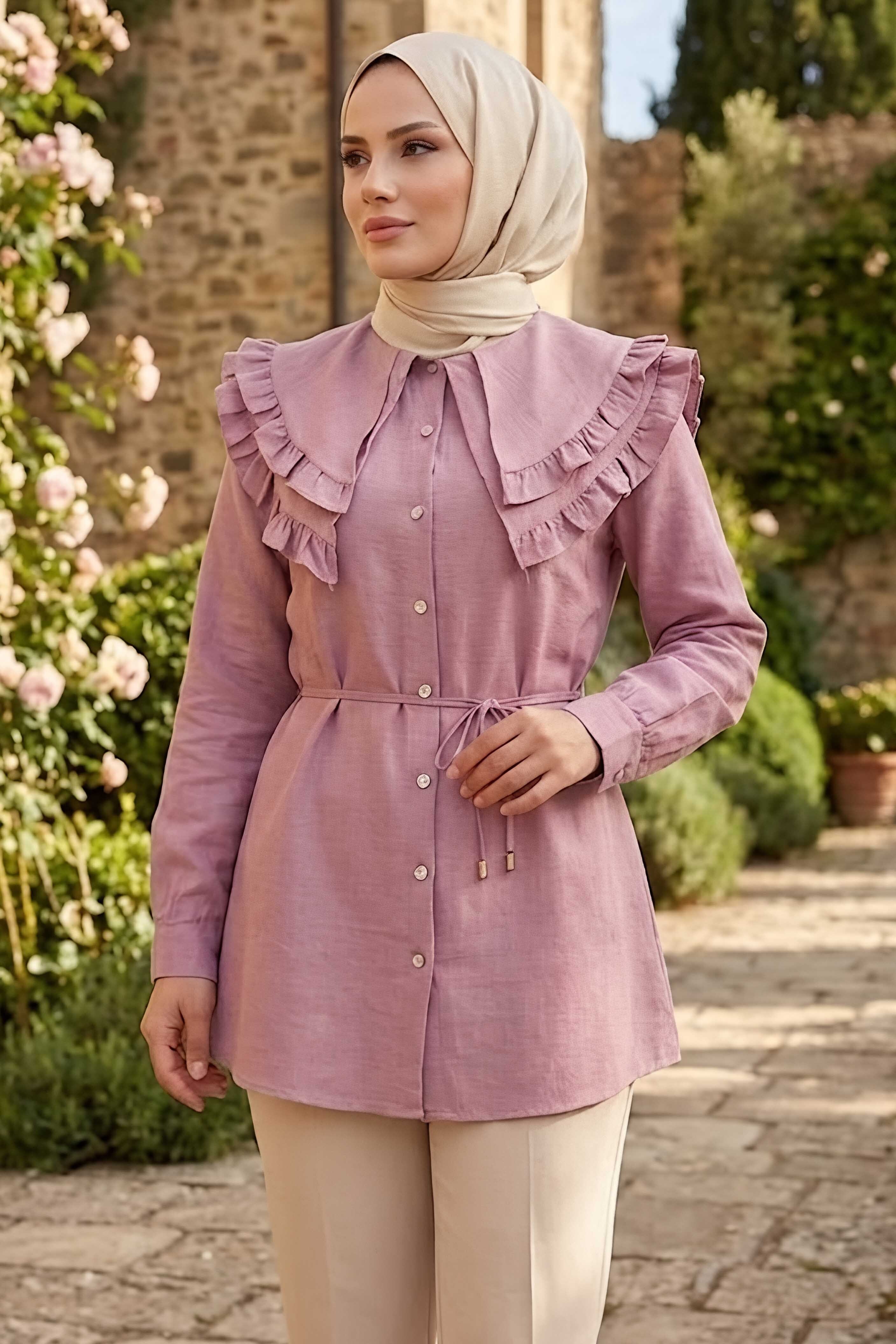Fırfır Detaylı Bağcıklı Tunik Gul Kurusu - 28631-GUL-KURUSU - 1