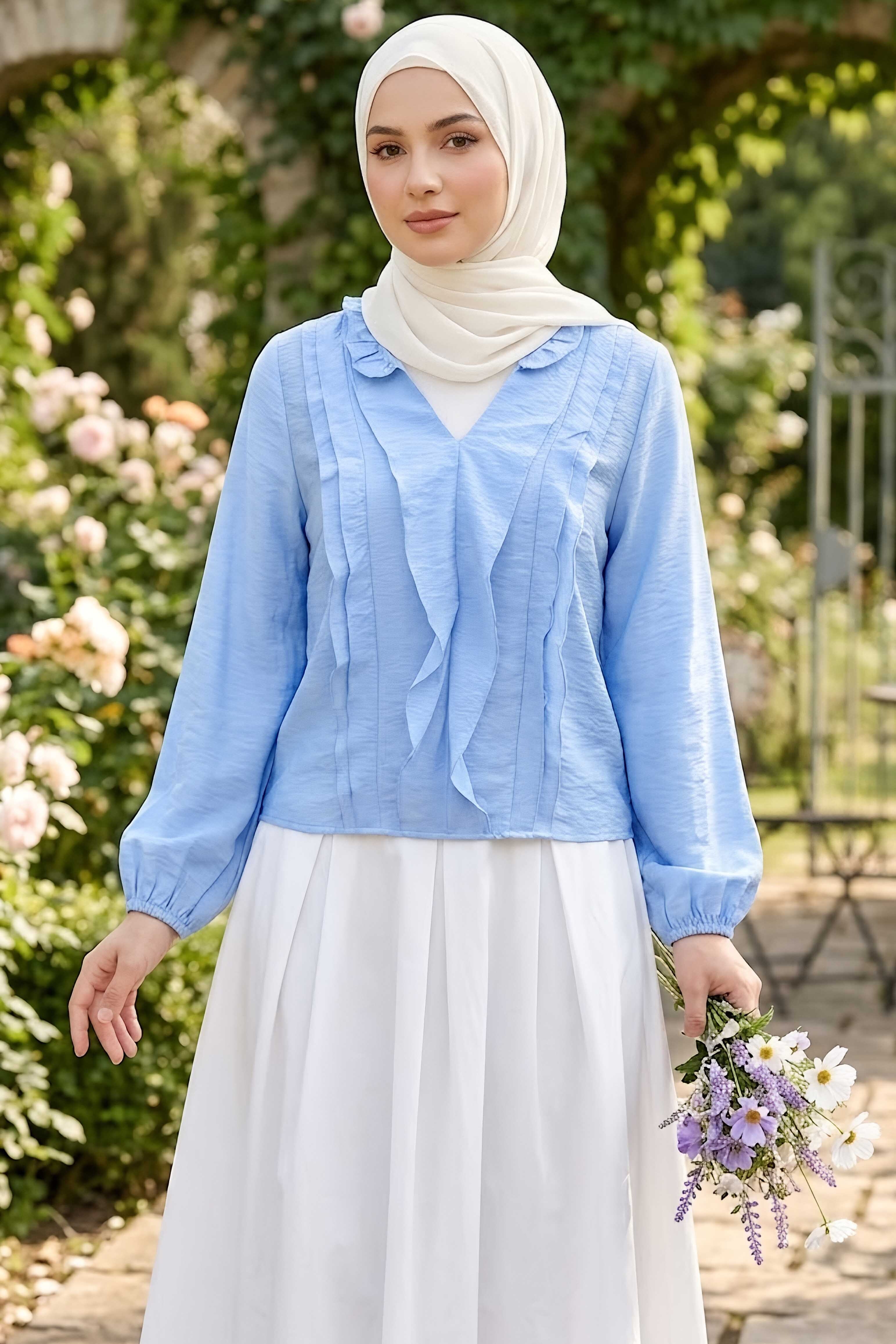 Fırfır Detaylı Bluz Bebe Mavi - 28917-BEBE-MAVI - 1