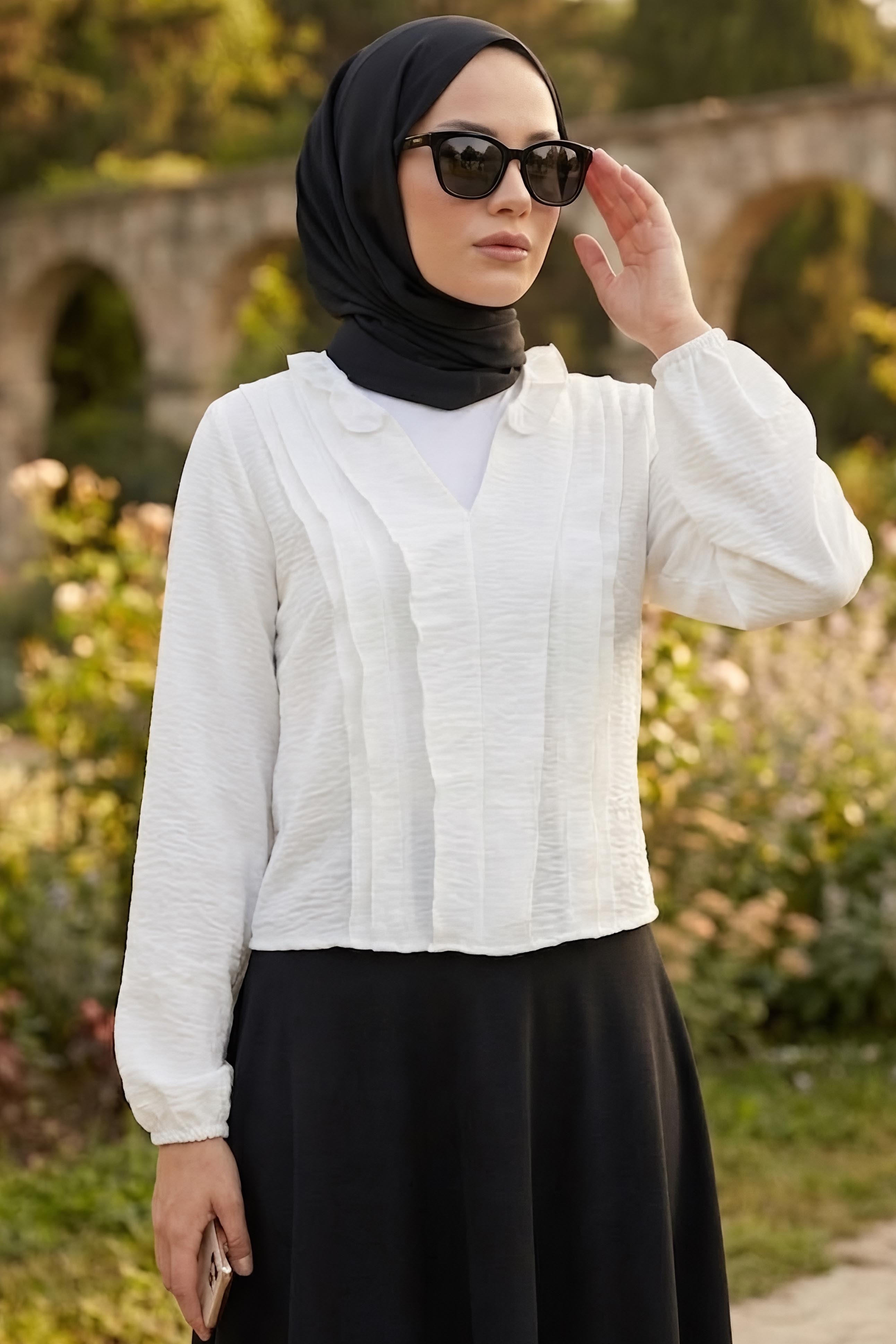 Fırfır Detaylı Bluz Beyaz - 28917-BEYAZ - 1