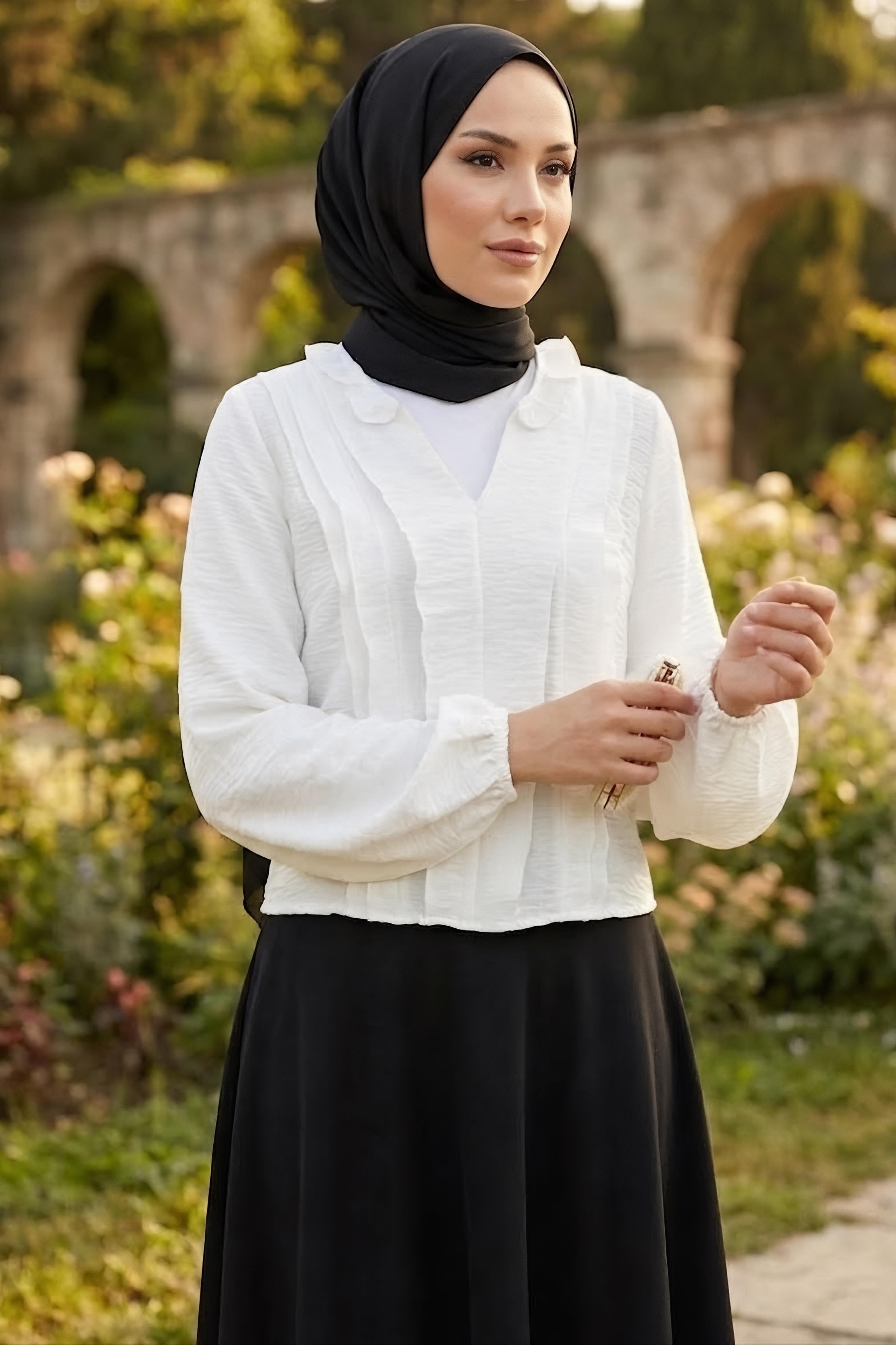 Fırfır Detaylı Bluz Beyaz - 28917-BEYAZ - 2