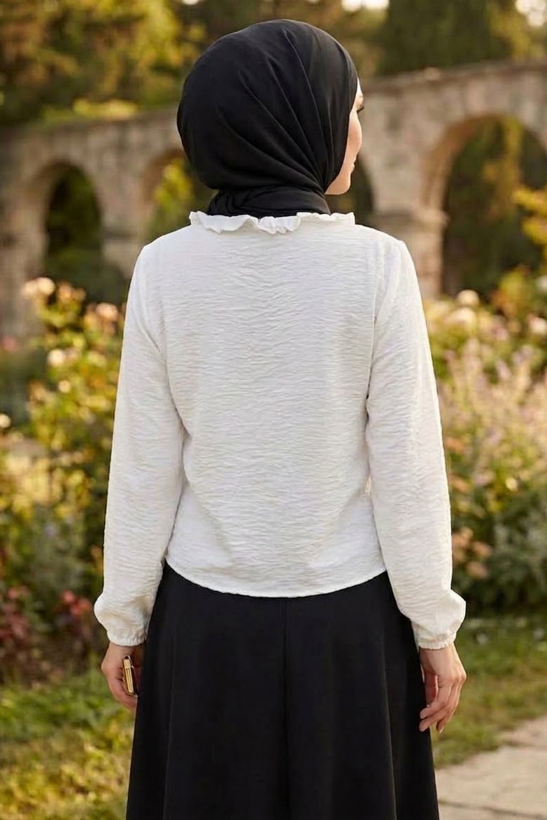 Fırfır Detaylı Bluz Beyaz - 28917-BEYAZ - 3