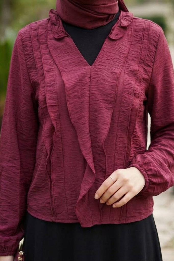 Fırfır Detaylı Bluz Bordo - 28917-BORDO - 3