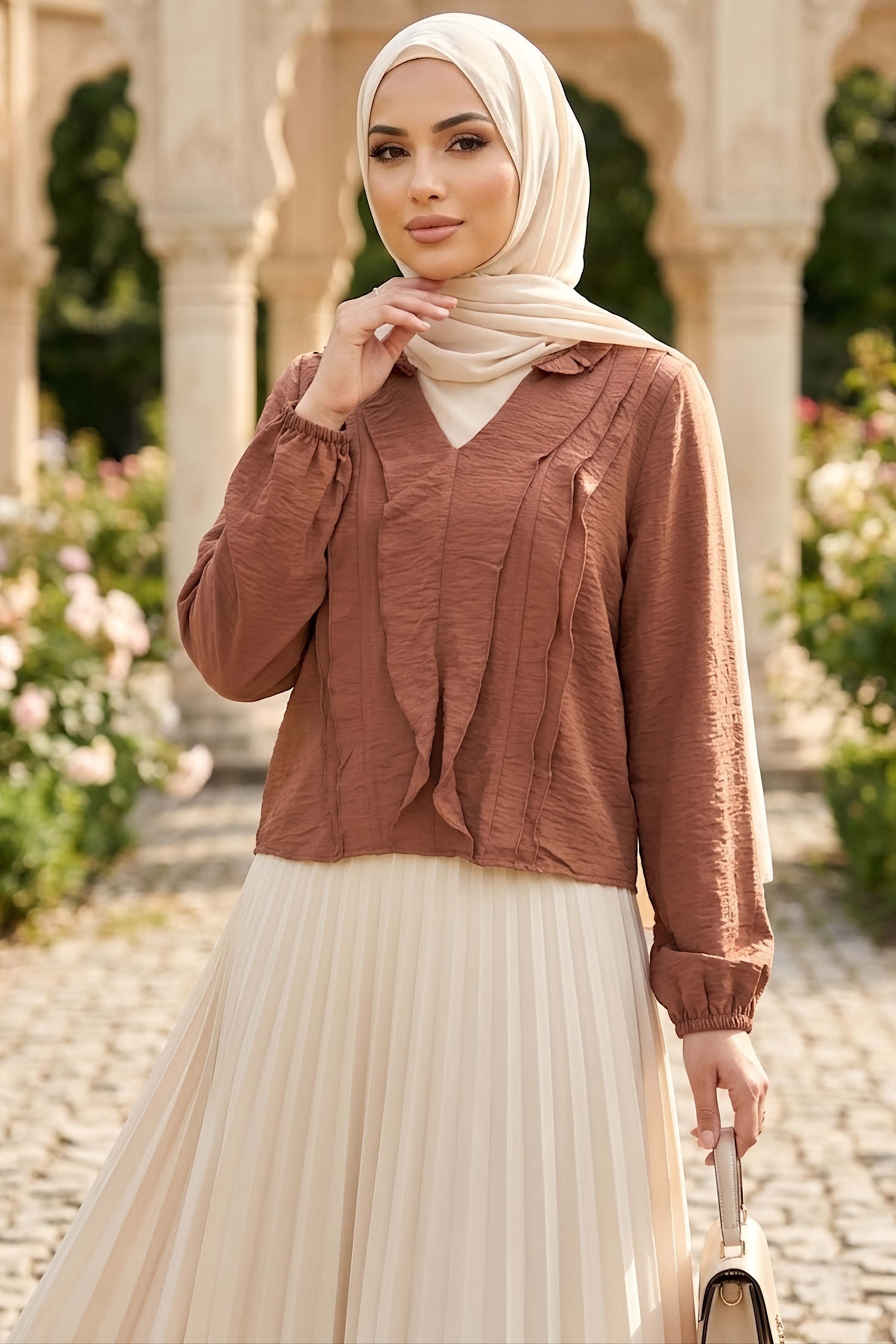 Fırfır Detaylı Bluz Kahve - 28917-KAHVE - 1