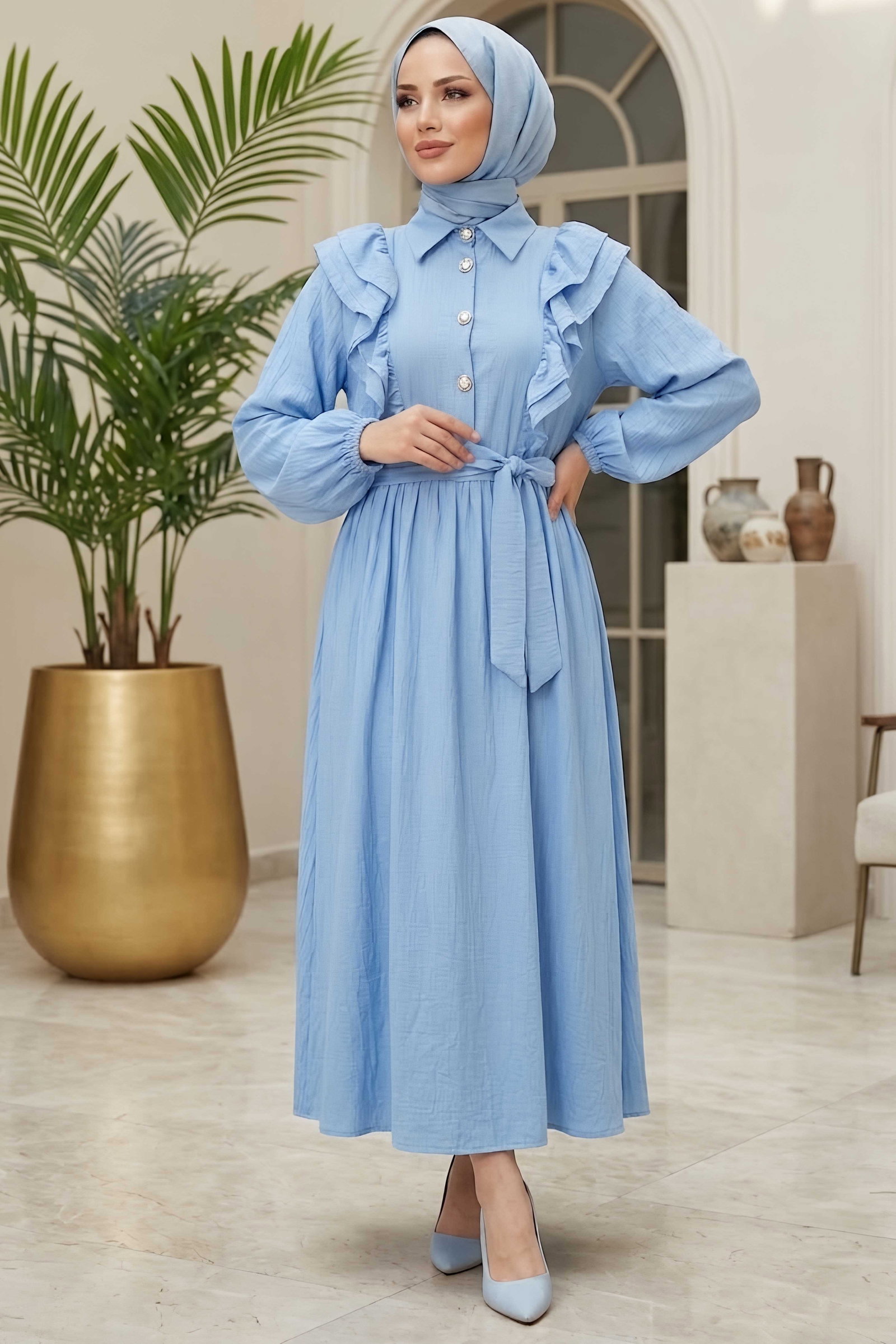 Fırfır Detaylı Dokuma Elbise Bebe Mavi - 28481-BEBE-MAVI - 1