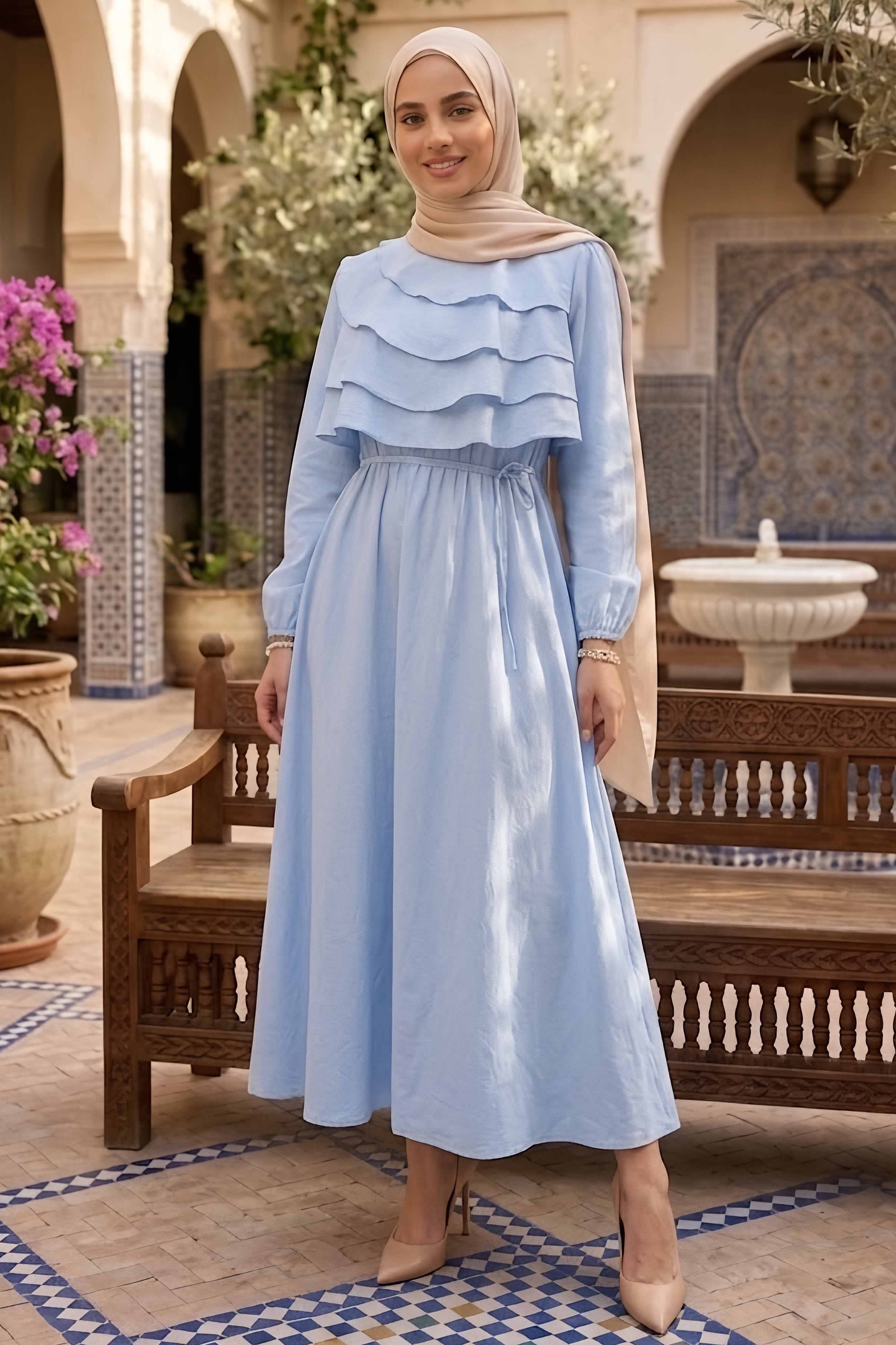 Fırfır Detaylı Dokuma Elbise Bebe Mavi - 28534-BEBE-MAVI - 1