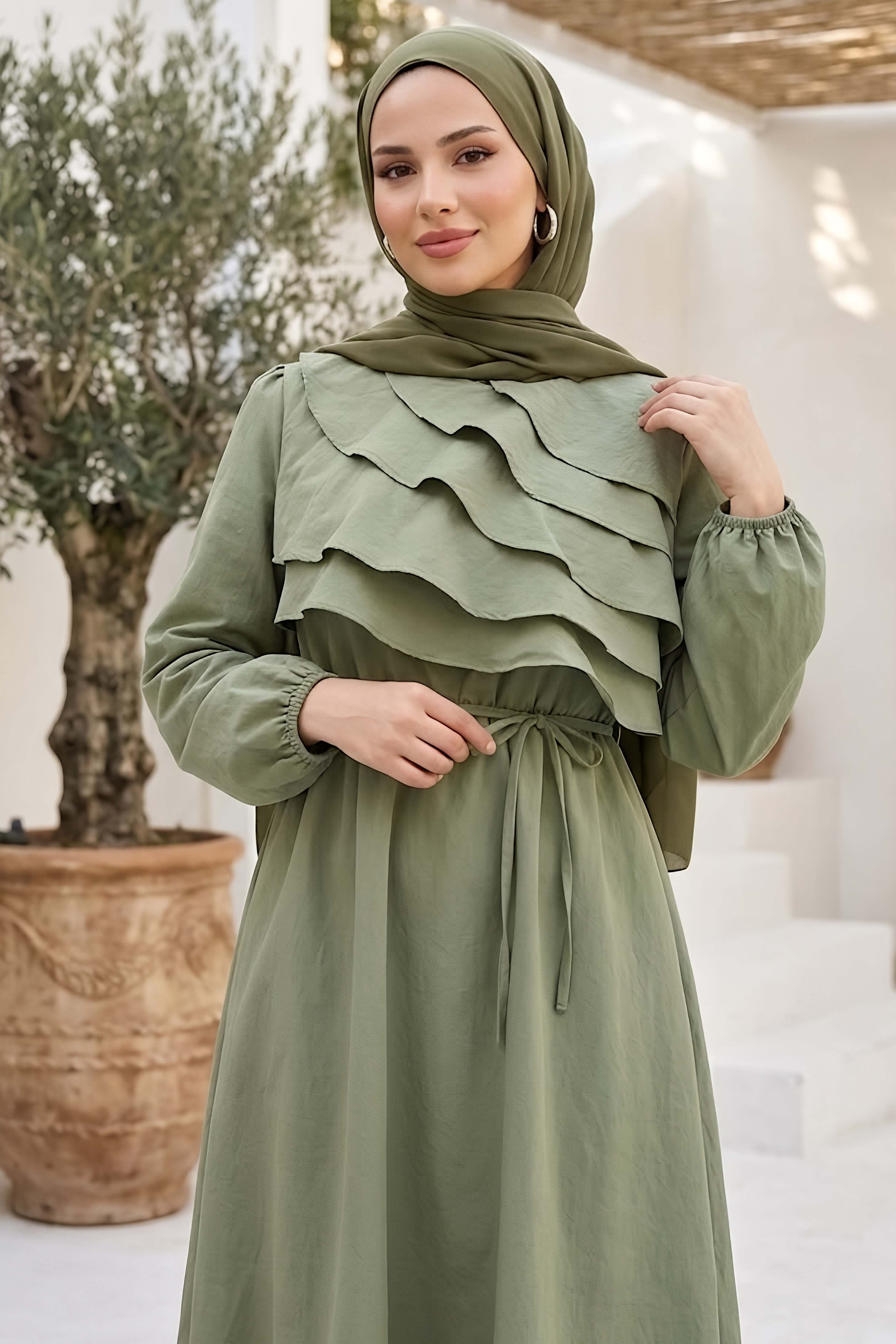 Fırfır Detaylı Dokuma Elbise Haki - 28534-HAKI - 1