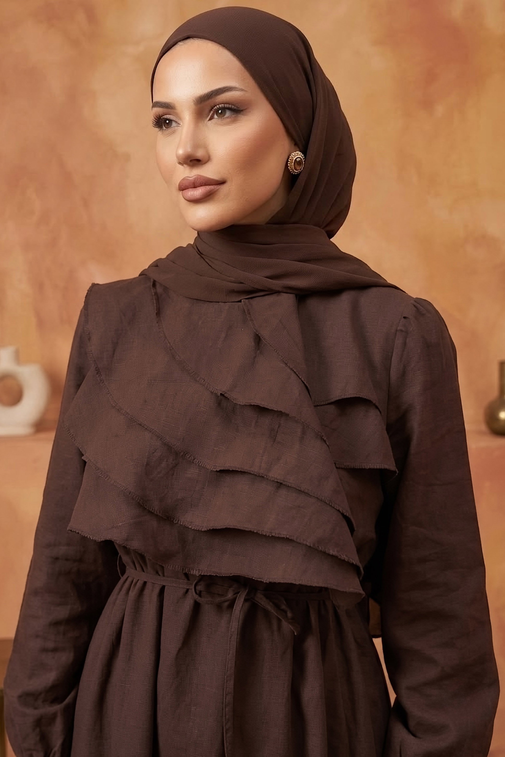 Fırfır Detaylı Dokuma Elbise Kahve - 28534-KAHVE - 2