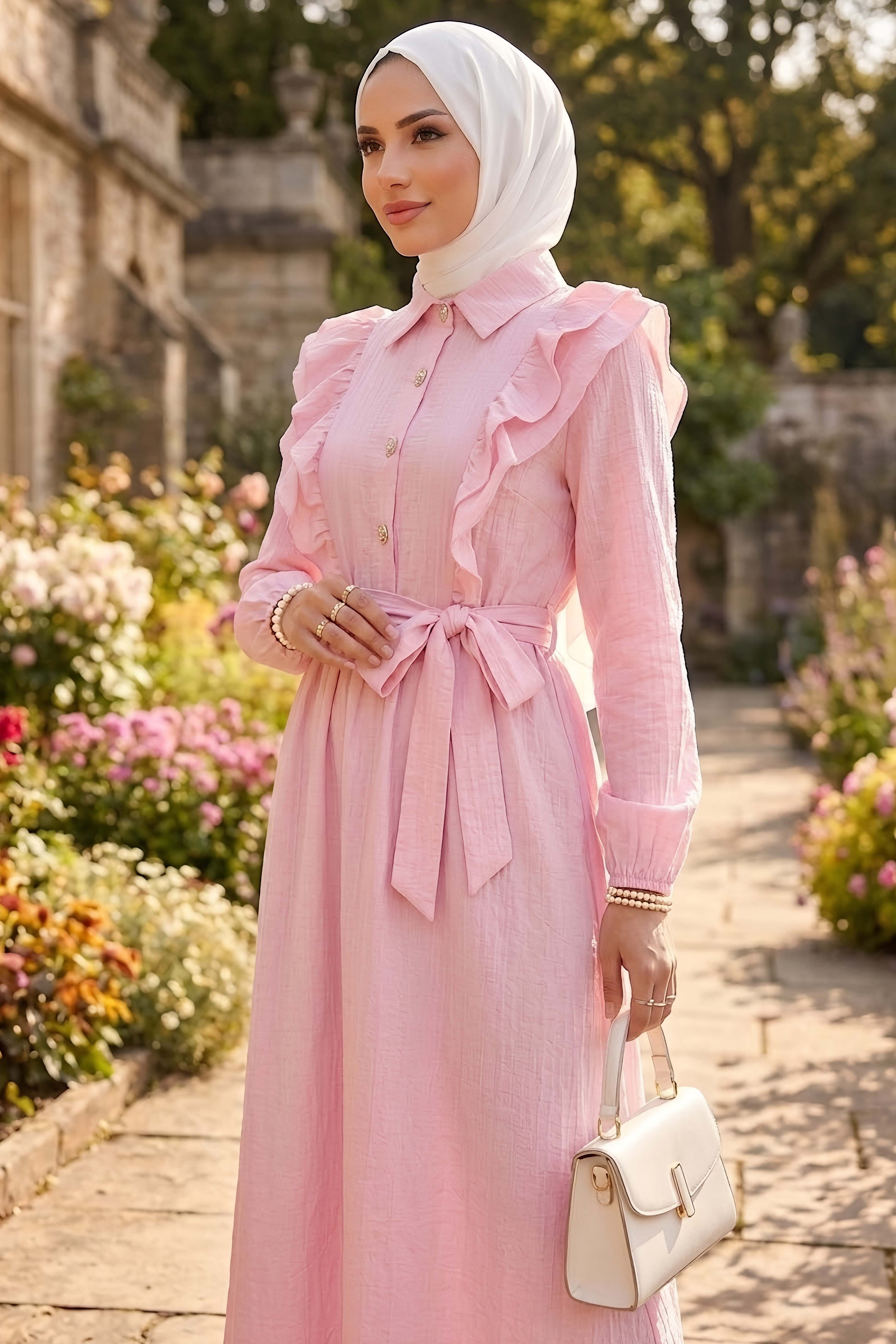 Fırfır Detaylı Dokuma Elbise Pembe - 28481-PEMBE - 1