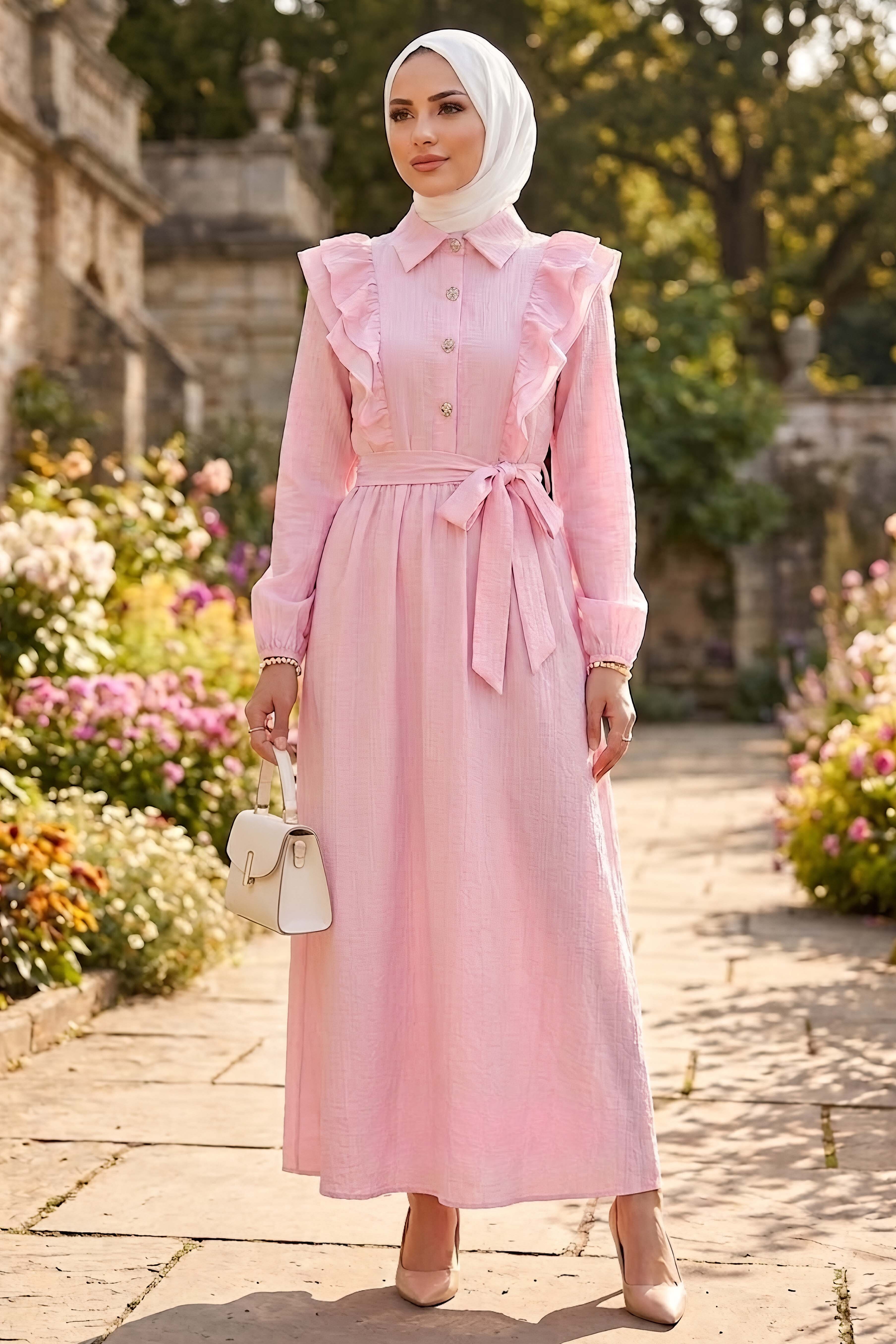 Fırfır Detaylı Dokuma Elbise Pembe - 28481-PEMBE - 2