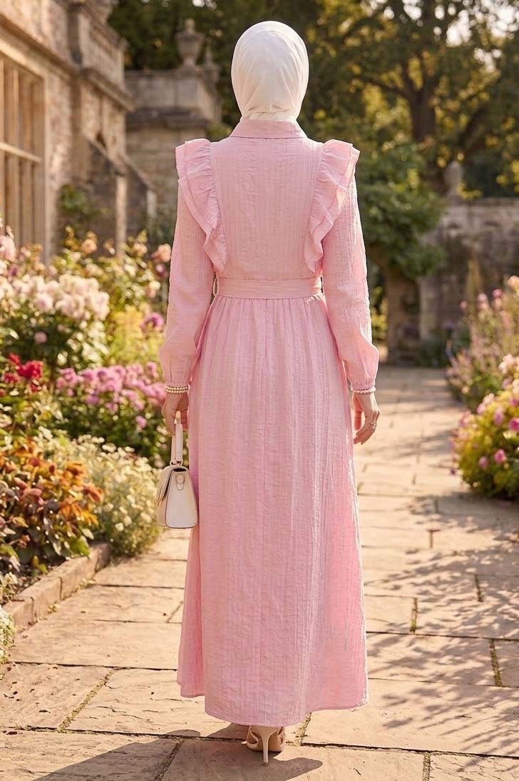 Fırfır Detaylı Dokuma Elbise Pembe - 28481-PEMBE - 3